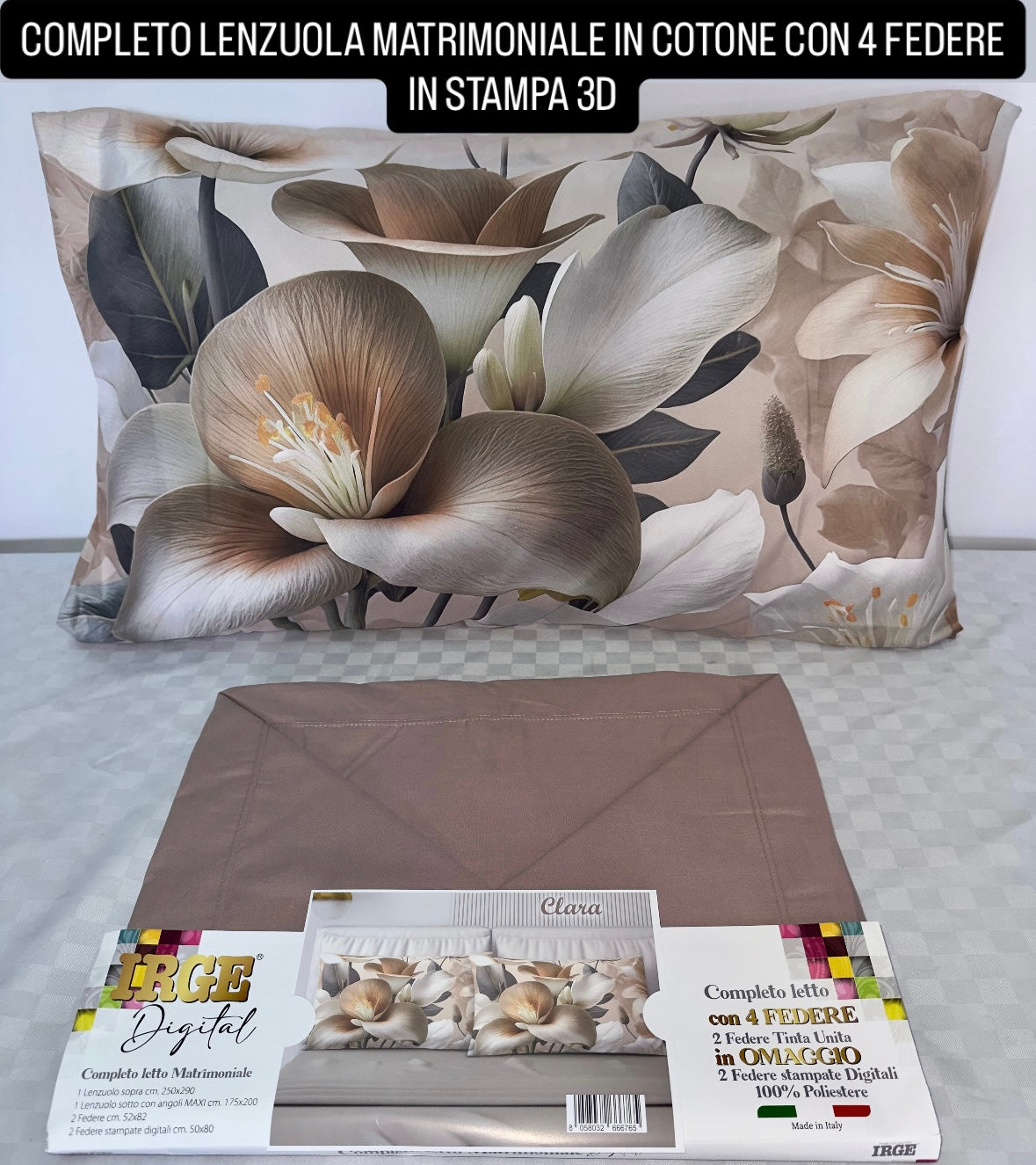 COMPLETO LENZUOLA MATRIMONIALE IN COTONE, LENZUOLO SOPRA, LENZUOLO SOTTO E 4 FEDERE IN STAMPA 3D.