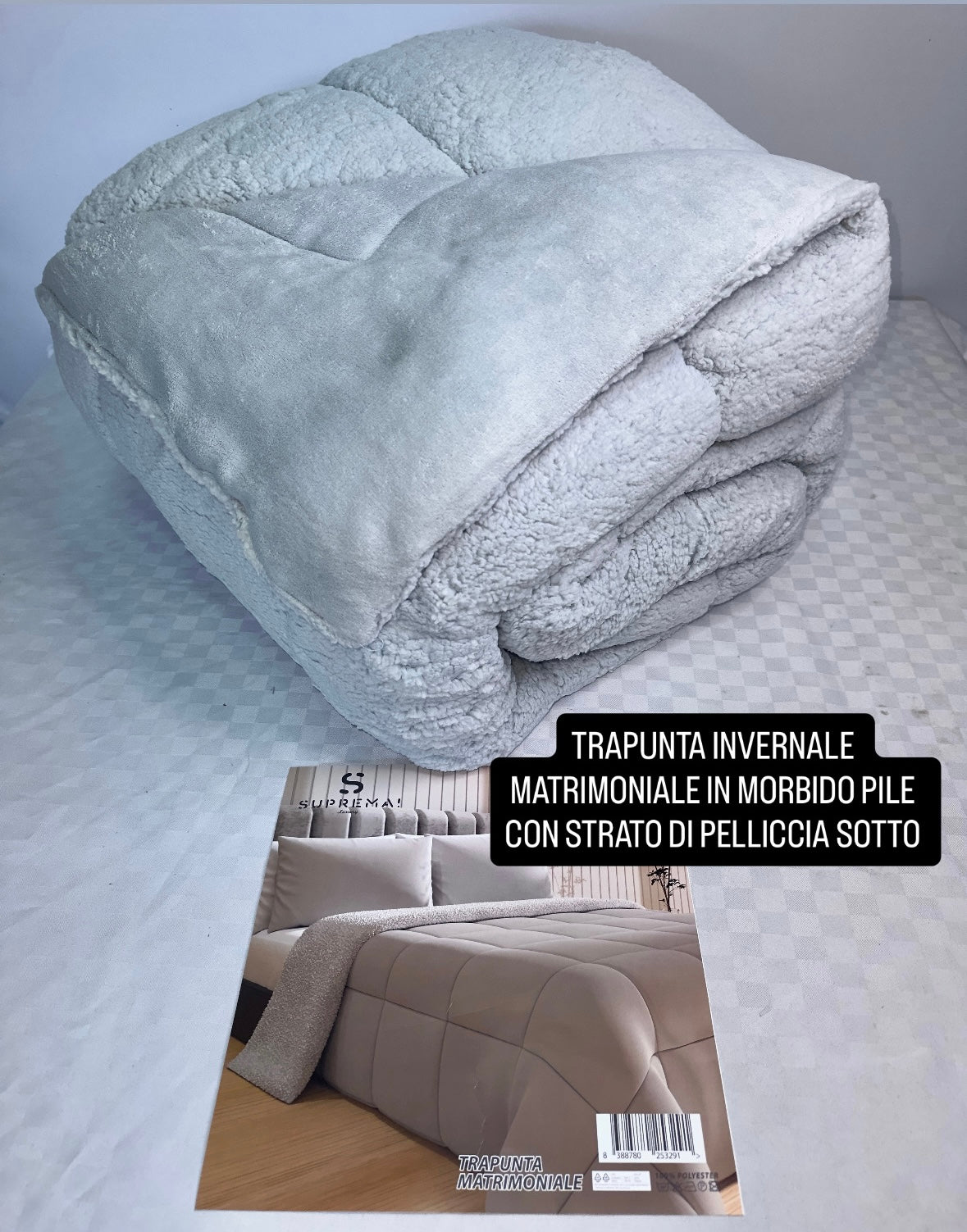 TRAPUNTA INVERNALE MATRIMONIALE IN MORBIDO PILE CON STRATO DI PELLICCIA SOTTO 260x260cm