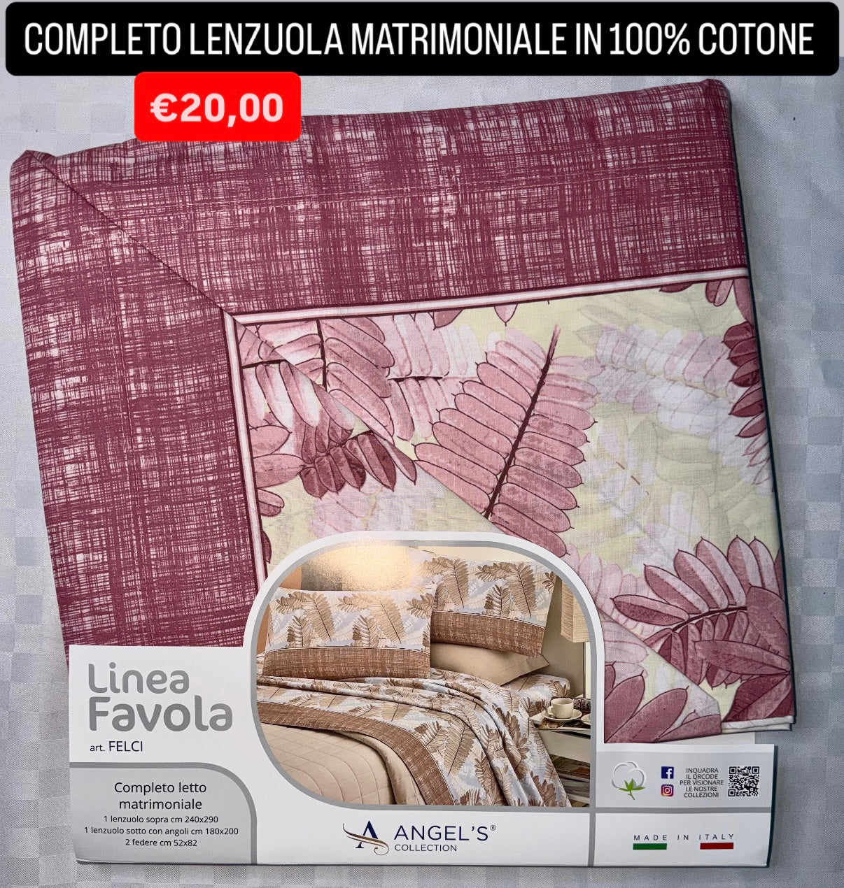 COMPLETO LENZUOLA MATRIMONIALE IN 100% COTONE , contiene Lenzuolo sopra, Lenzuolo sotto con angoli e due Federe