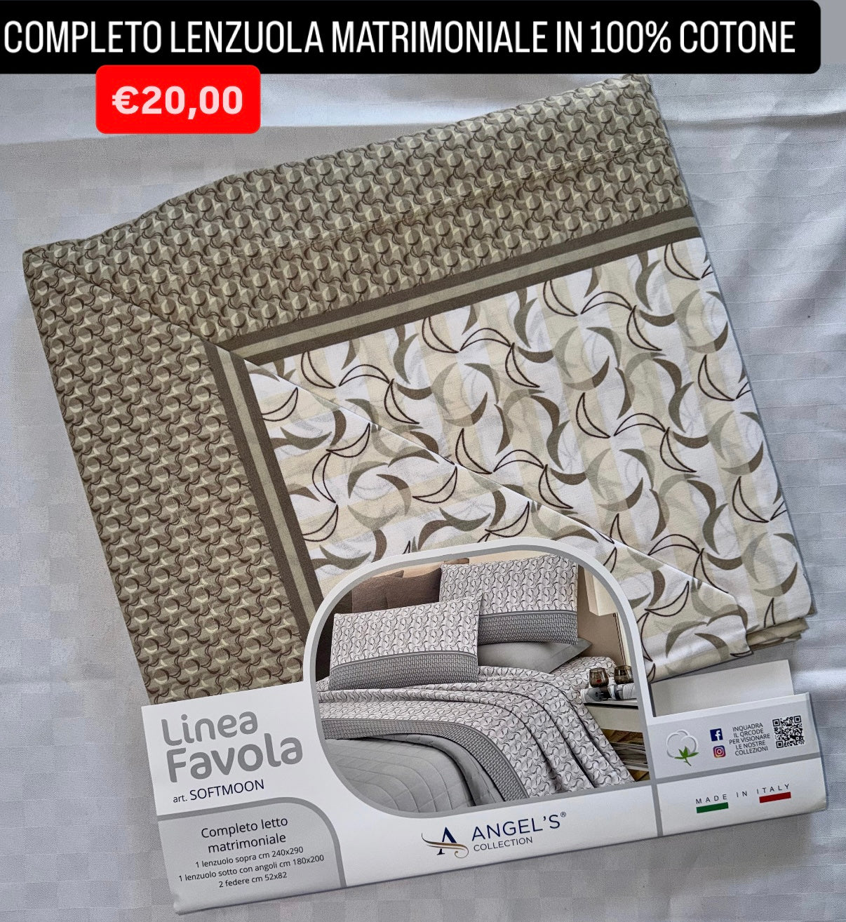 COMPLETO LENZUOLA MATRIMONIALE IN 100% COTONE , contiene Lenzuolo sopra, Lenzuolo sotto con angoli e due Federe