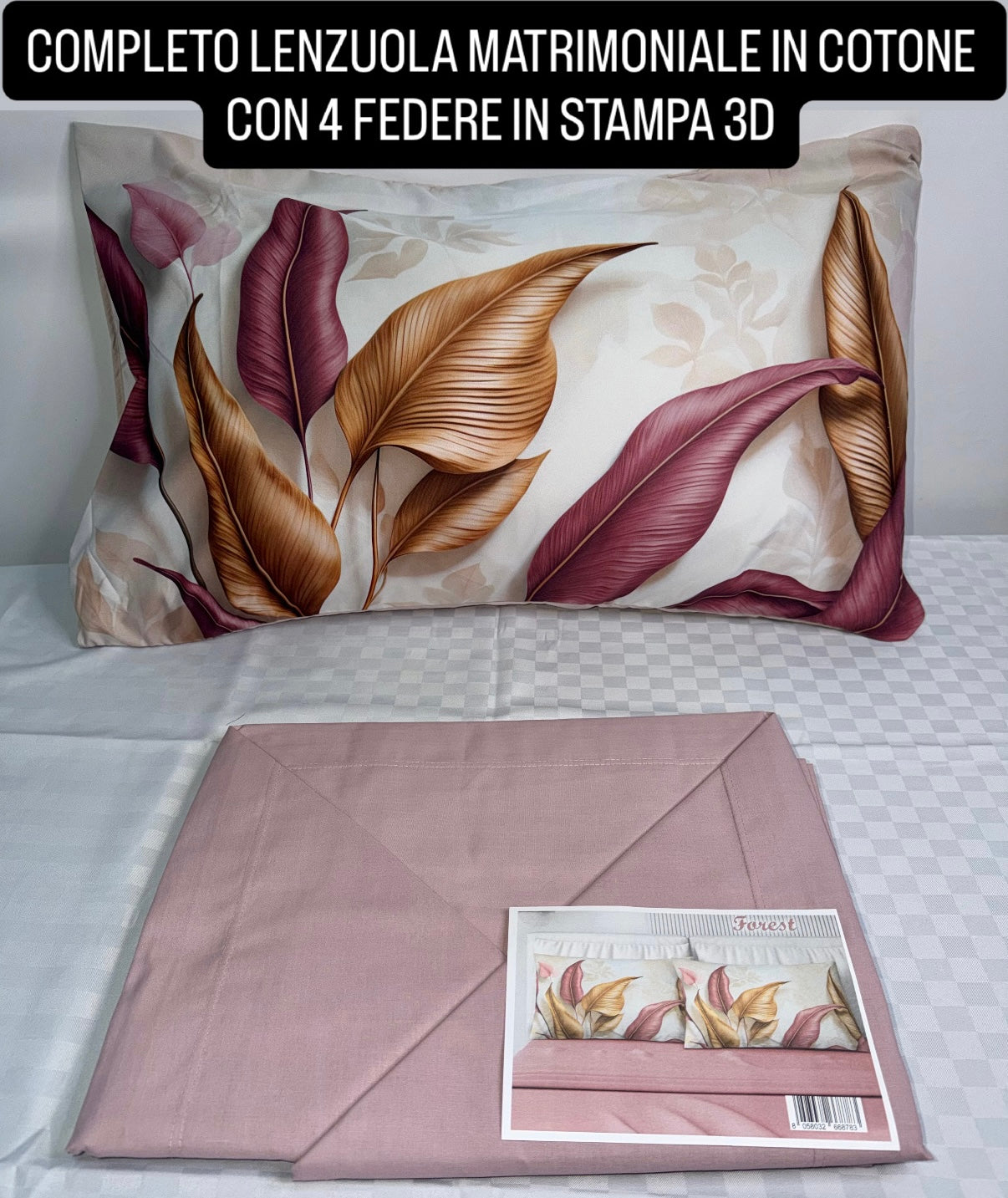 COMPLETO LENZUOLA MATRIMONIALE IN COTONE contiene LENZUOLO SOPRA, LENZUOLO SOTTO E 4 FEDERE IN STAMPA 3D
