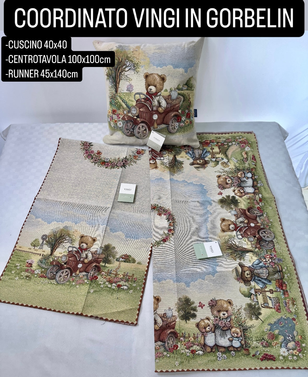 COORDINATO VINGI IN GORBELIN Cuscino 40x40cm, Centrotavola 100x100cm e Runner 45x140cm