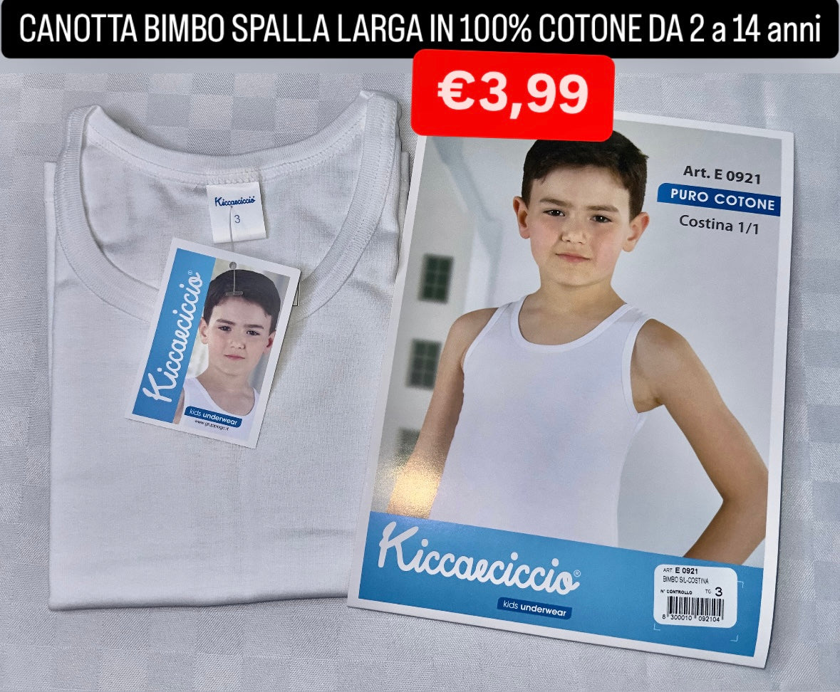 CANOTTA BIMBO SPALLA LARGA IN 100% COTONE DA 2 a 14 anni COLORE BIANCO