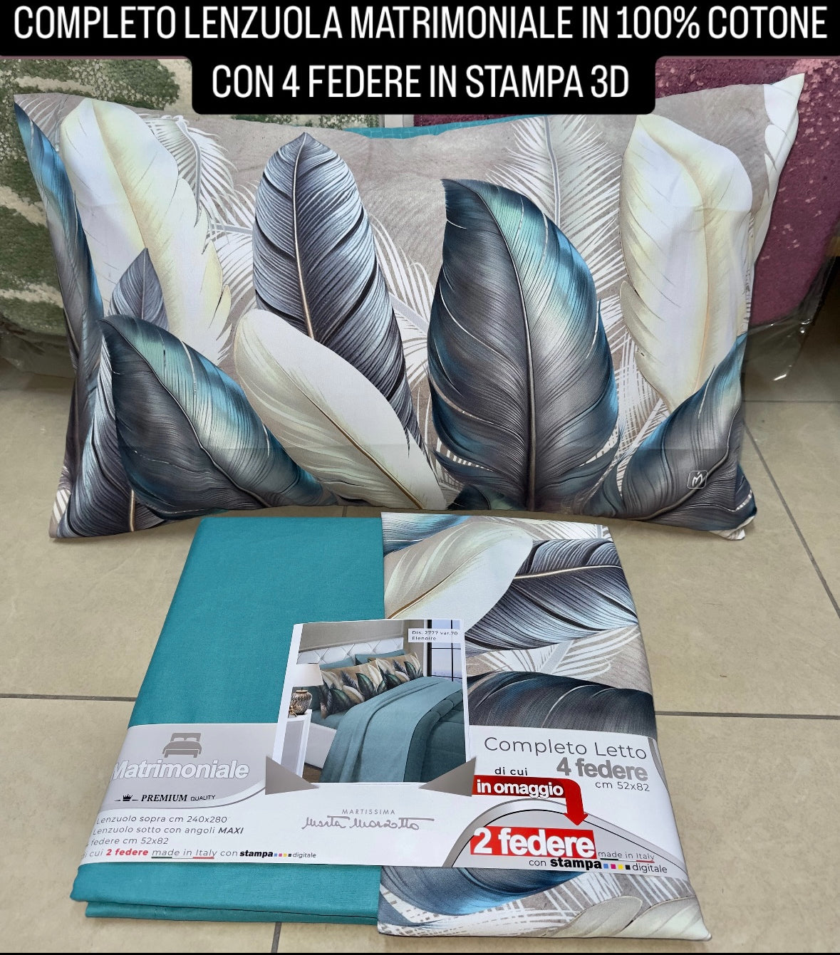 COMPLETO LENZUOLA MATRIMONIALE IN COTONE, LENZUOLO SOPRA, LENZUOLO SOTTO E 4 FEDERE IN STAMPA 3D.