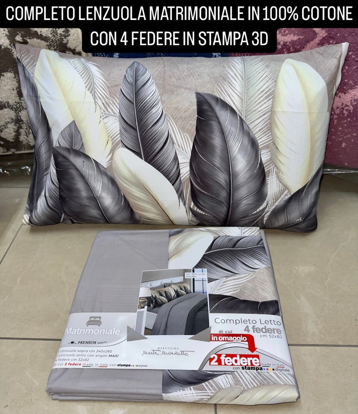 COMPLETO LENZUOLA MATRIMONIALE IN COTONE, LENZUOLO SOPRA, LENZUOLO SOTTO E 4 FEDERE IN STAMPA 3D.