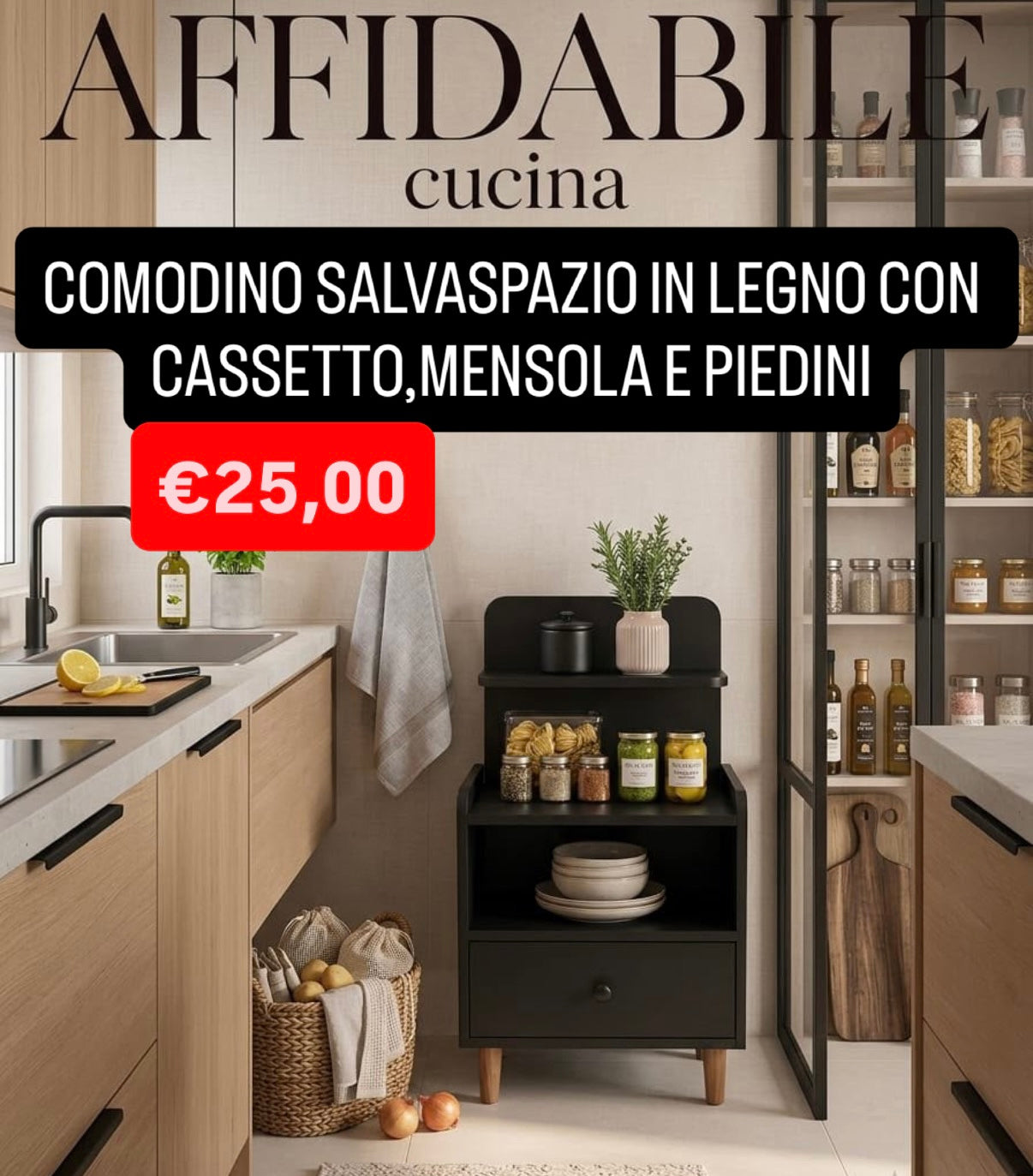 COMODINO SALVASPAZIO IN LEGNO CON CASSETTO,MENSOLA E PIEDINI misura 50x41cm