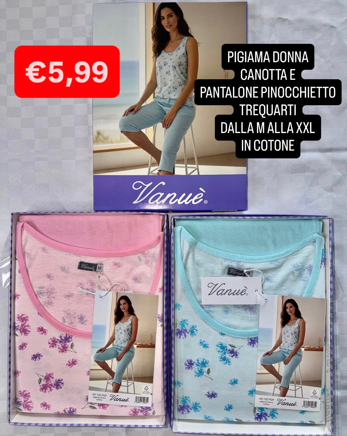 PIGIAMA DONNA Canotta e Pantalone pinocchietto trequarti in 100% cotone