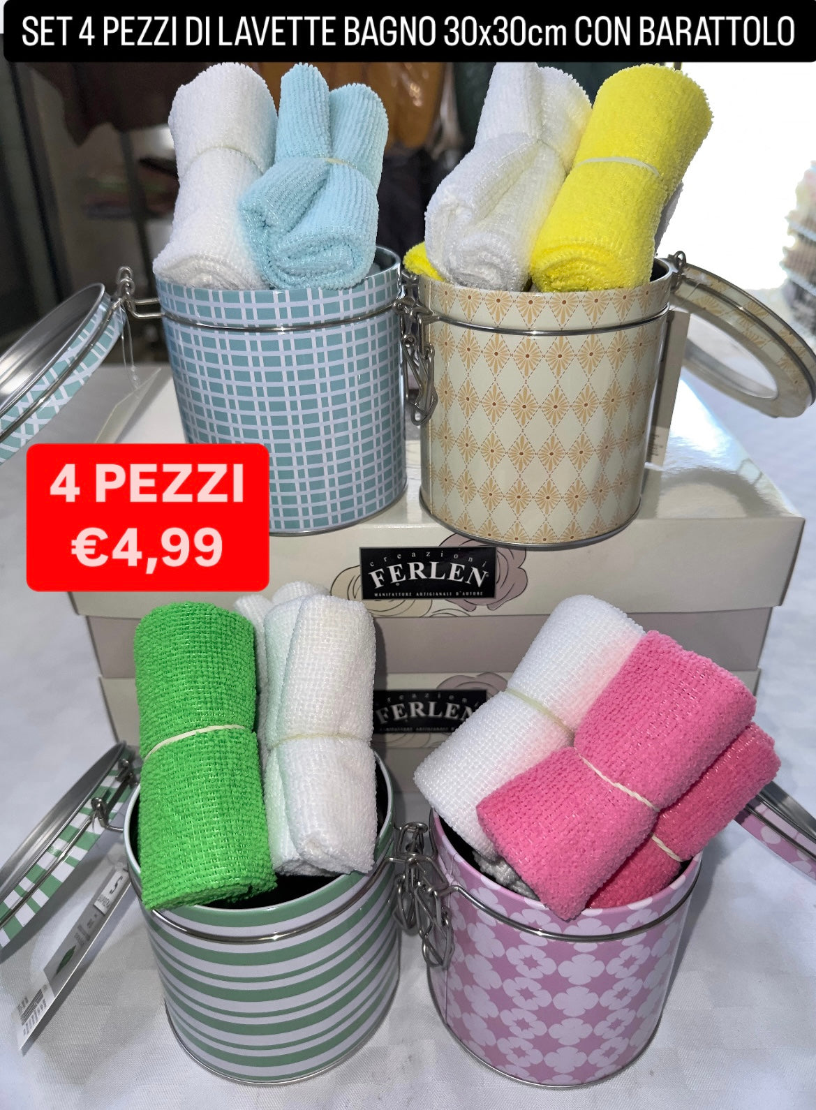 SET 4 PEZZI DI LAVETTE BAGNO 30x30cm CON BARATTOLO