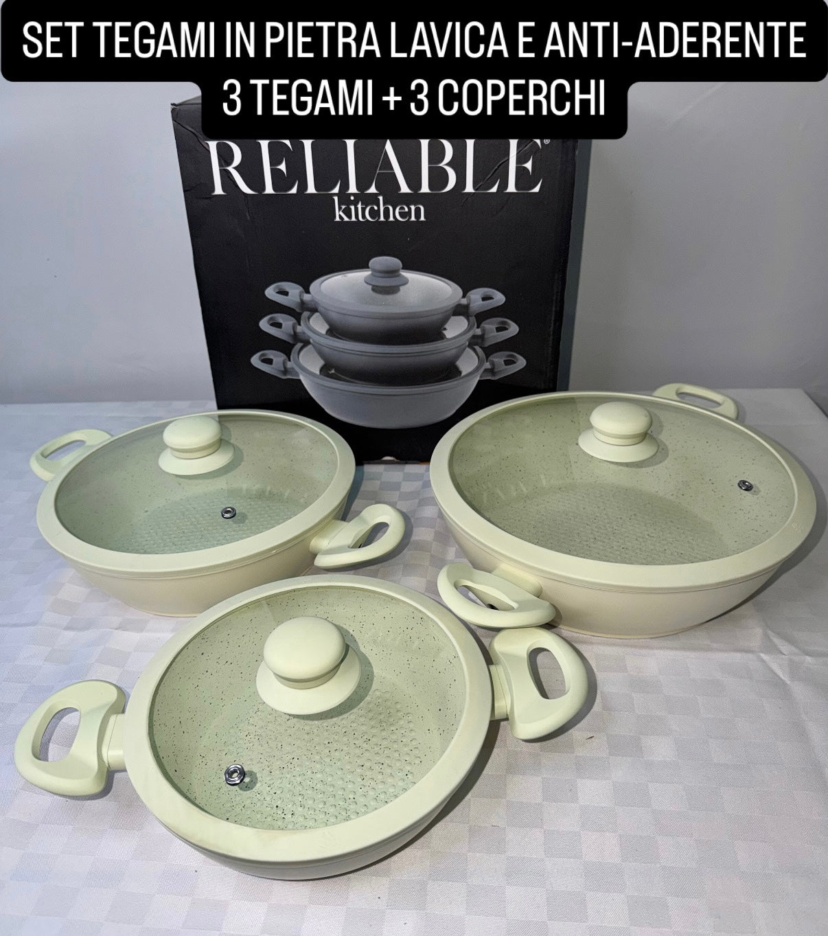 TRIS DI TEGAMI 3 PEZZI CON COPERCHIO IN PIETRA LAVICA E ANTI-ADERENTE