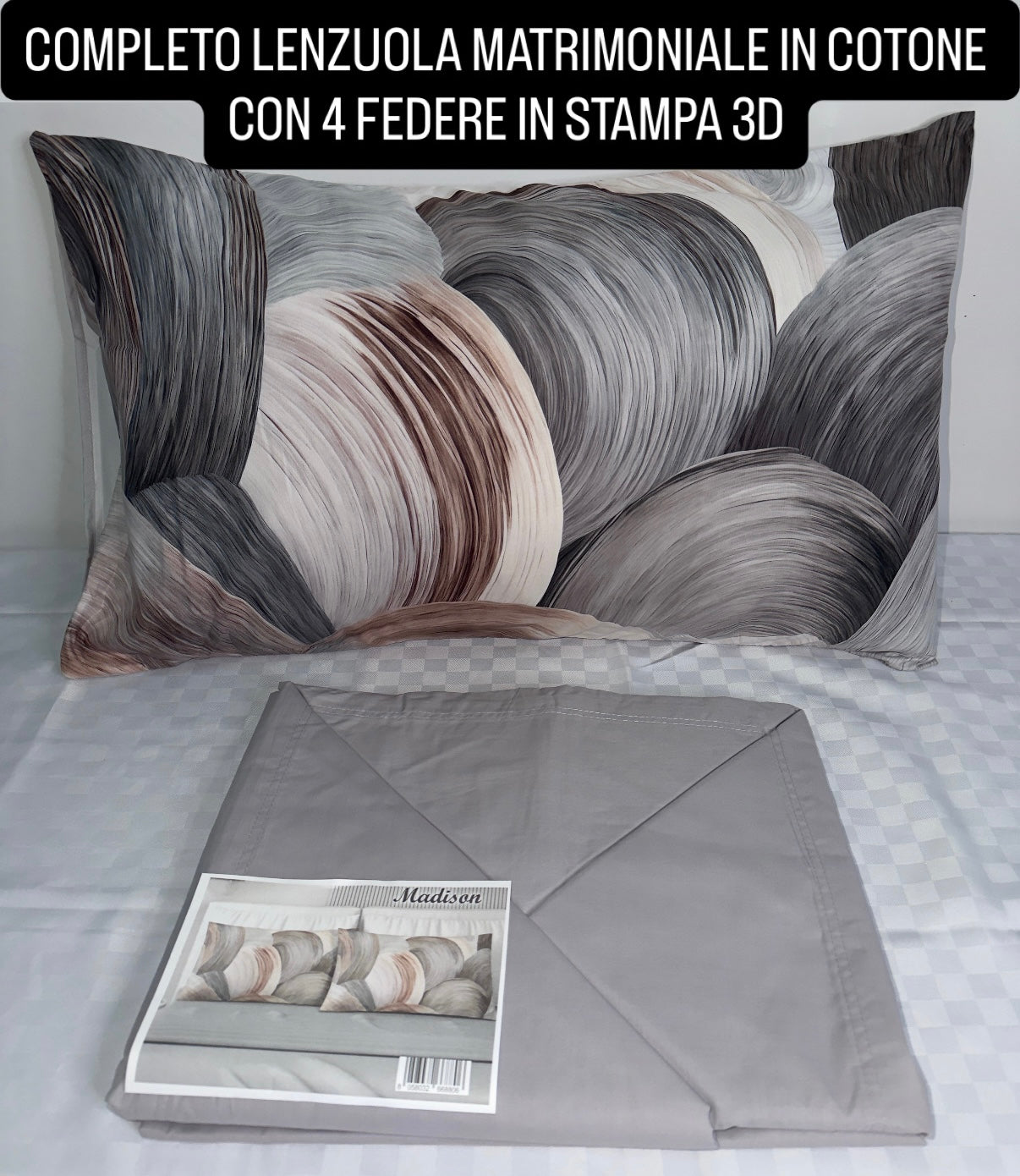 COMPLETO LENZUOLA MATRIMONIALE IN COTONE, LENZUOLO SOPRA, LENZUOLO SOTTO E 4 FEDERE IN STAMPA 3D