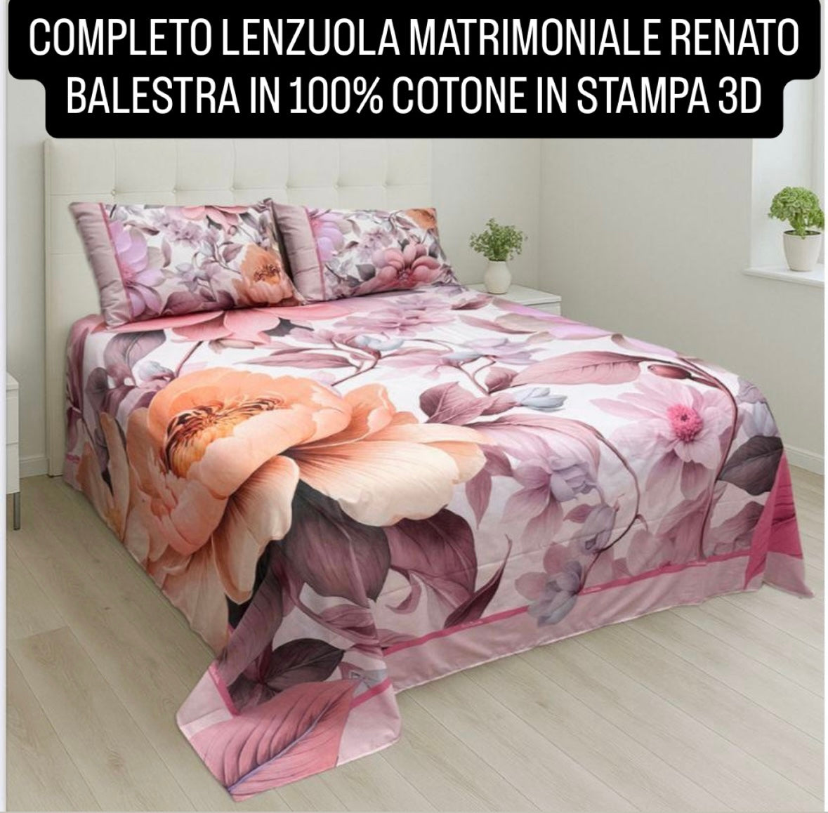 COMPLETO LENZUOLA MATRIMONIALE IN 100% COTONE Lenzuolo sopra, Lenzuolo sotto con angoli e due Federe Renato Balestra