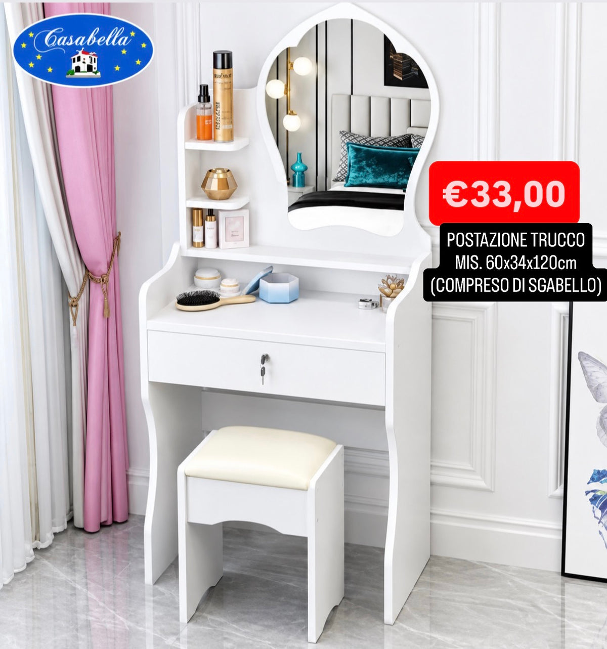 SET POSTAZIONE TRUCCO BALLERINA misura 120x50x32cm (COMPRESO DI SGABELLO) art.39026 colore bianco