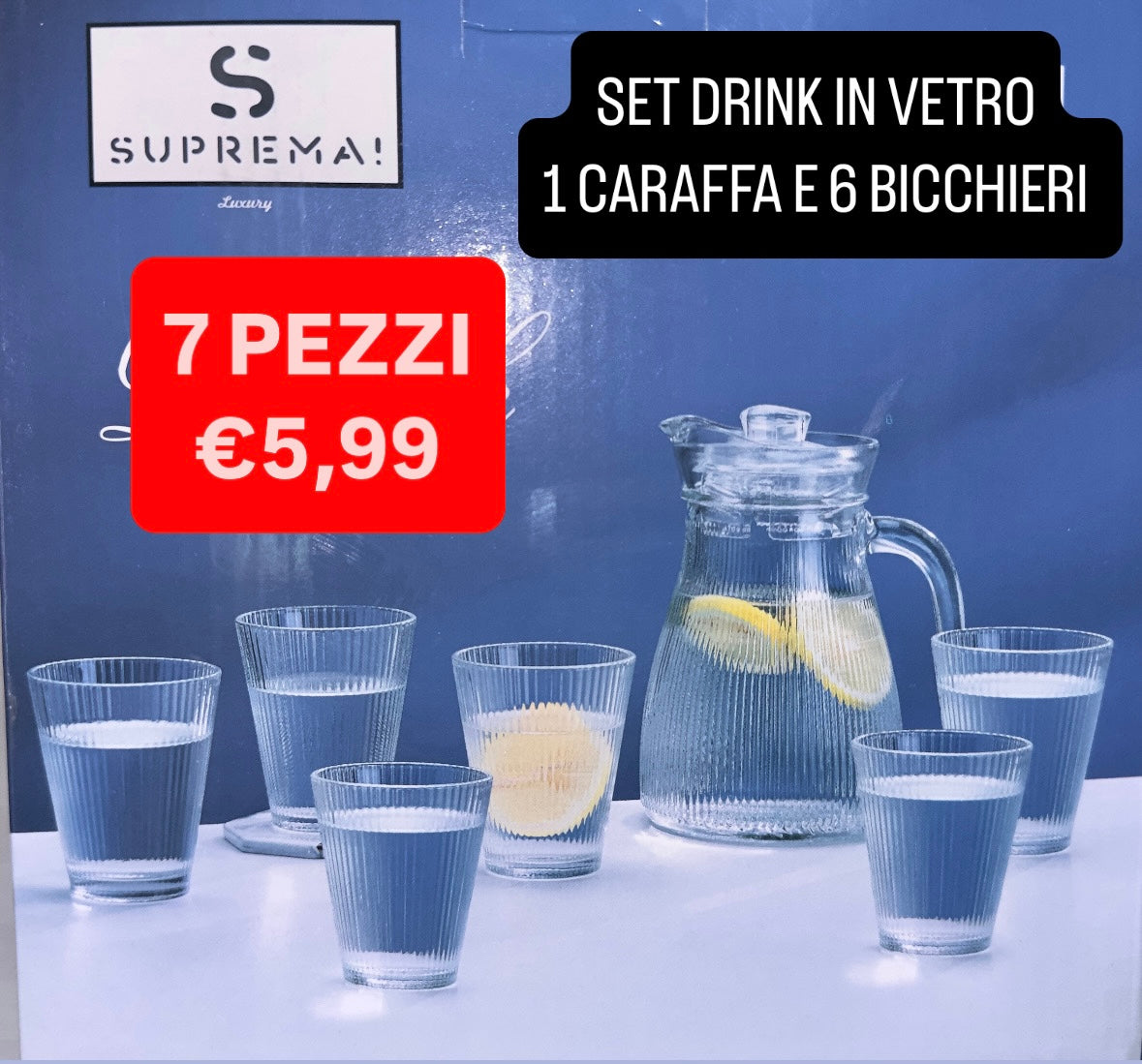 SET DRINK 1 CARAFFA E 6 BICCHIERI IN VETRO