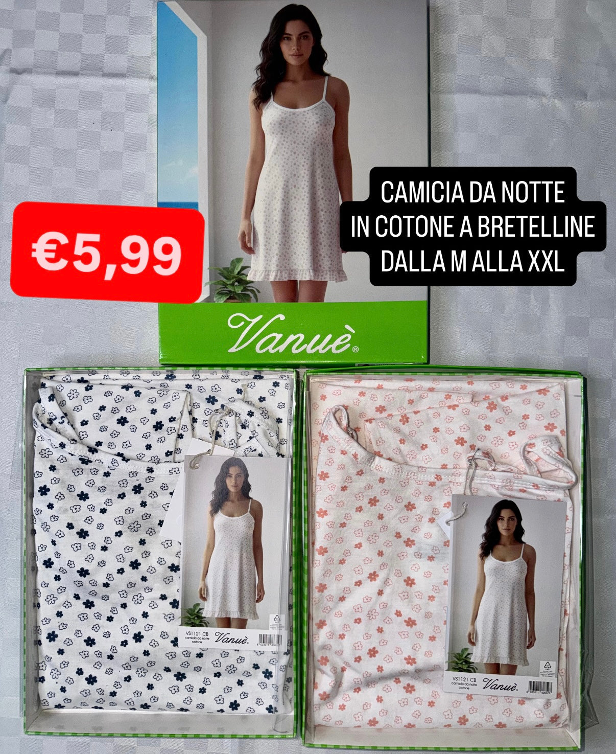 CAMICIA DA NOTTE A BRETELLINE  in 100% cotone