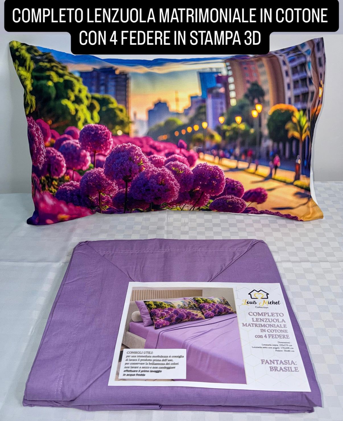 COMPLETO LENZUOLA MATRIMONIALE IN COTONE contiene LENZUOLO SOPRA, LENZUOLO SOTTO E 4 FEDERE IN STAMPA 3D