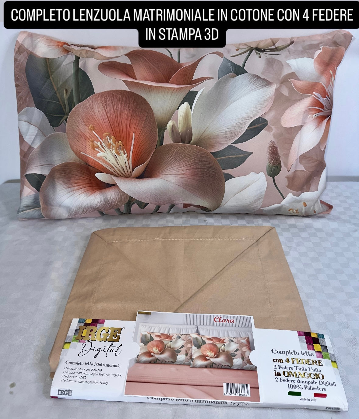 COMPLETO LENZUOLA MATRIMONIALE IN COTONE, LENZUOLO SOPRA, LENZUOLO SOTTO E 4 FEDERE IN STAMPA 3D.