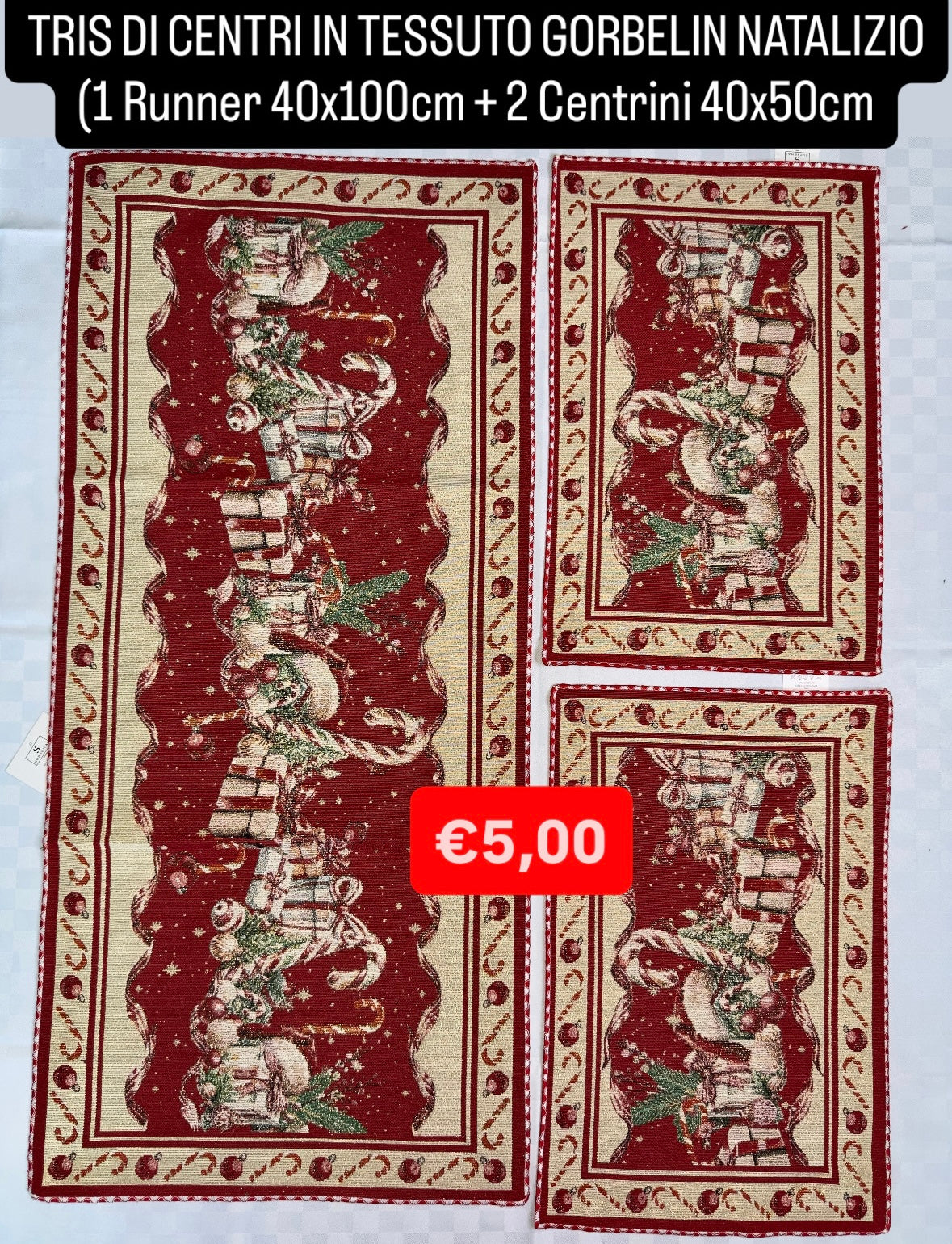 TRIS DI CENTRI NATALIZIO IN TESSUTO GORBELIN contiene 1 Runner 40x100cm e 2 Centrini 40x50cm