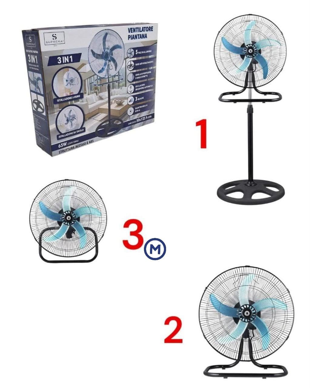 VENTILATORE CON PALE IN ALLUMINIO ALTEZZA REGOLABILE MASSIMO 130cm