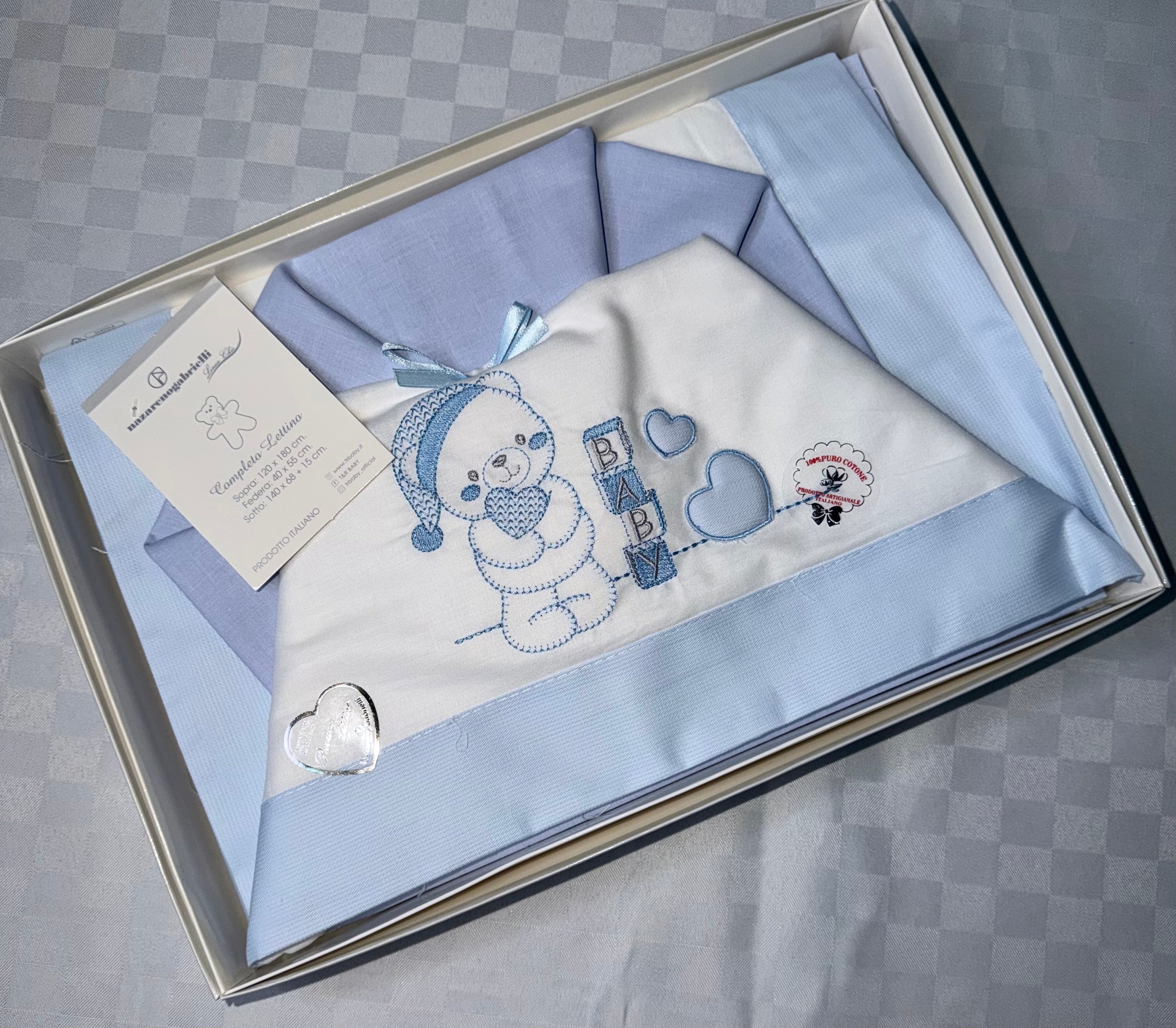 COMPOSE LENZUOLA NEONATO PER CULLA IN 100% COTONE Lenzuolo sopra 120x180cm , Lenzuolo sotto con angoli 140x70cm e Federa 40x55cm