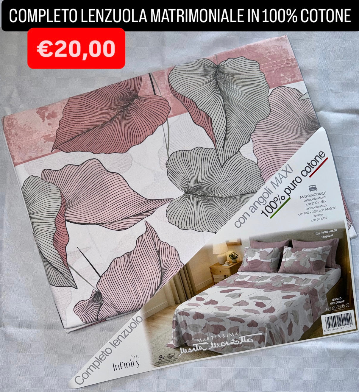 COMPLETO LENZUOLA MATRIMONIALE IN 100% COTONE , contiene Lenzuolo sopra, Lenzuolo sotto con angoli e due Federe