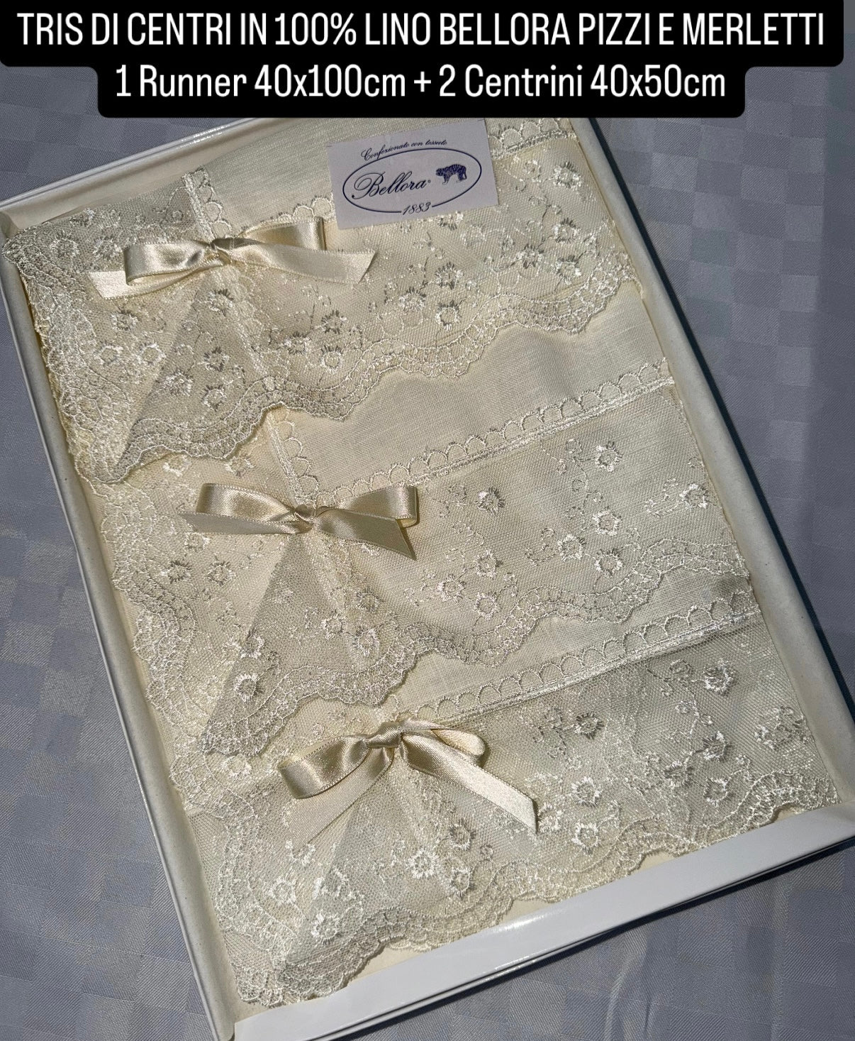 TRIS DI CENTRI IN 100% LINO BELLORA PIZZI E MERLETTI contiene 1 Runner 40x100cm + 2 Centrini 40x50cm