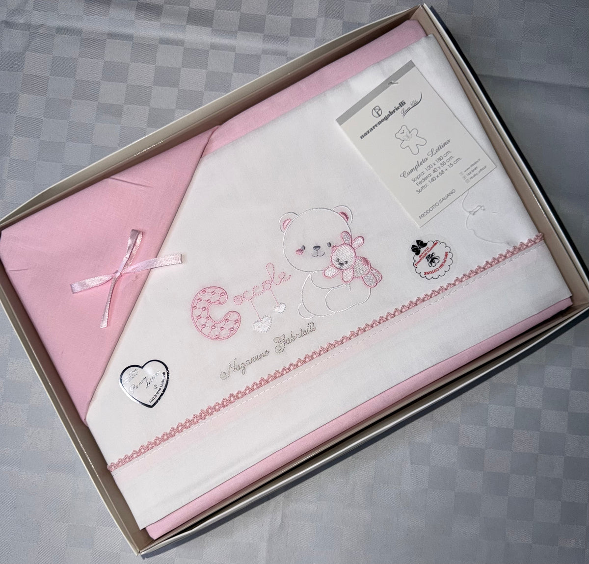 COMPOSE LENZUOLA NEONATO PER CULLA IN 100% COTONE Lenzuolo sopra 120x180cm , Lenzuolo sotto con angoli 140x70cm e Federa 40x55cm