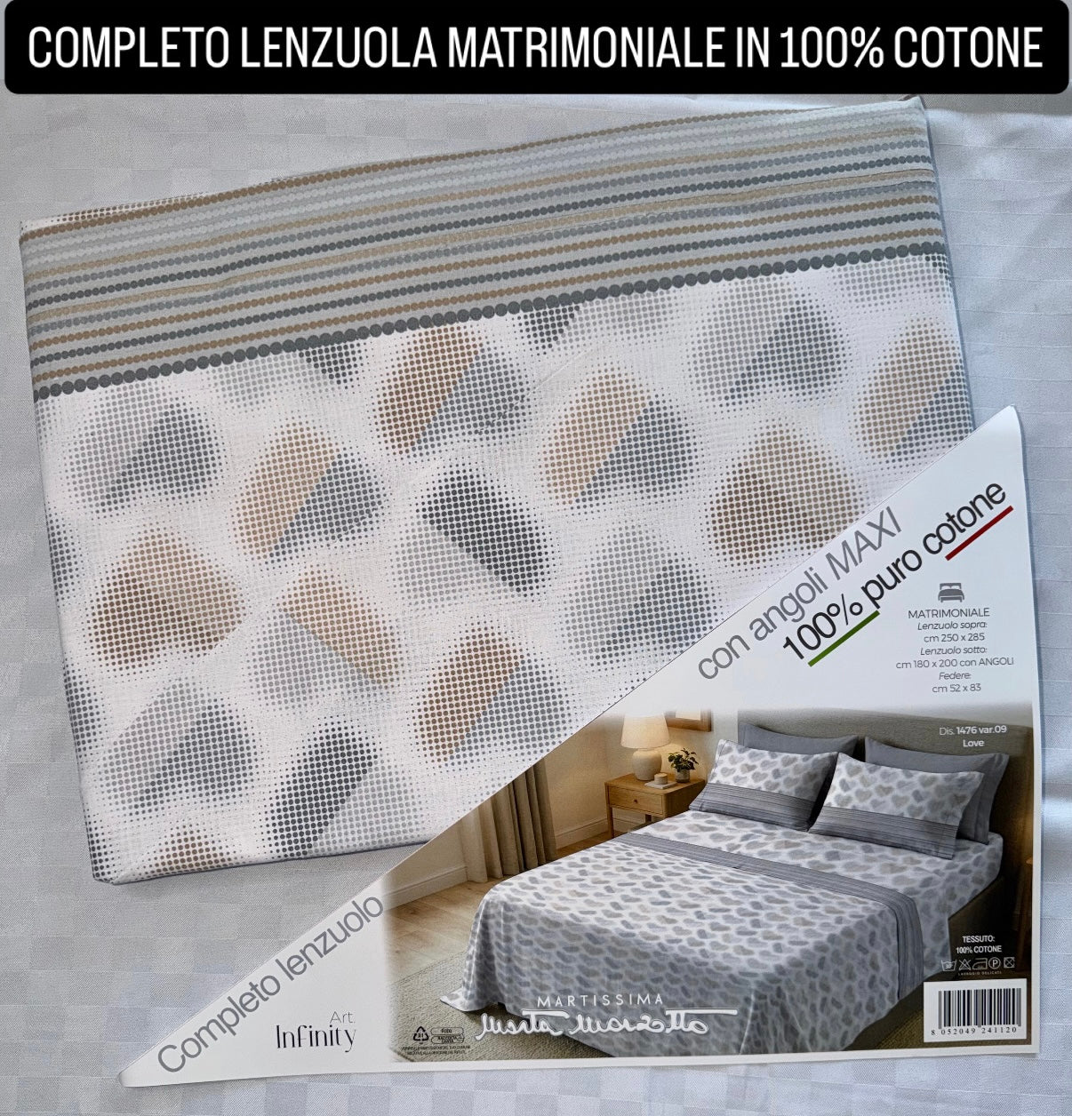 COMPLETO LENZUOLA MATRIMONIALE IN 100% COTONE , contiene Lenzuolo sopra, Lenzuolo sotto con angoli e due Federe