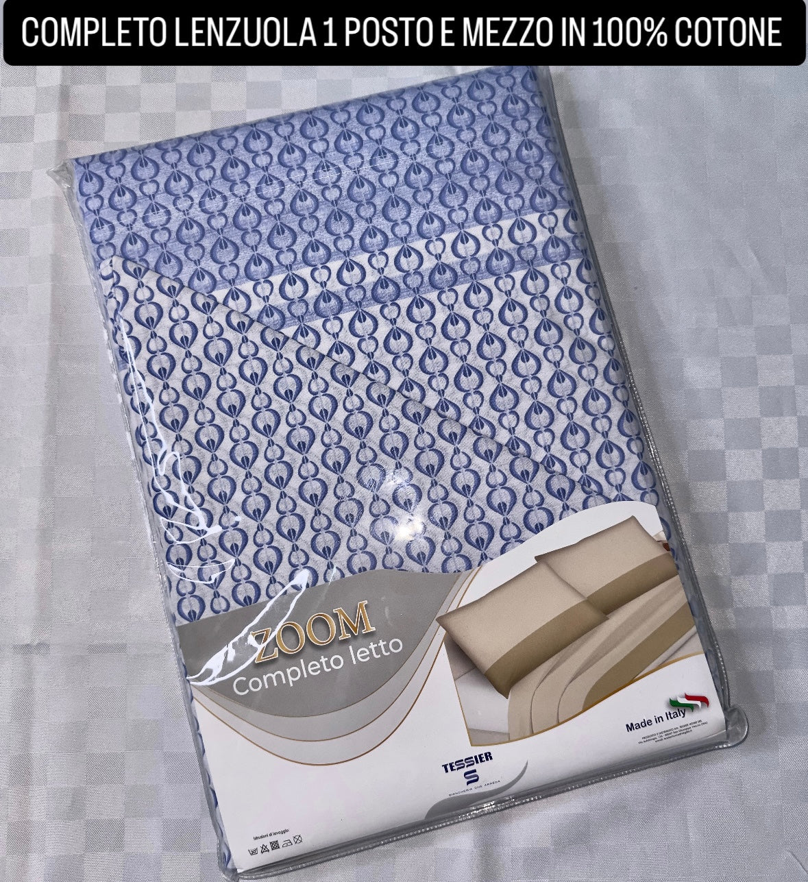 COMPLETO LENZUOLA 1 POSTO E MEZZO IN 100% COTONE Lenzuolo sopra, Lenzuolo sotto con angoli e Federe