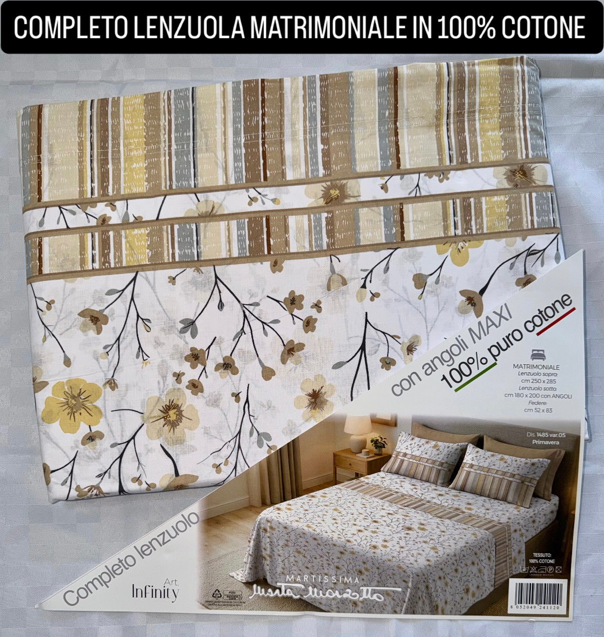 COMPLETO LENZUOLA MATRIMONIALE IN 100% COTONE , contiene Lenzuolo sopra, Lenzuolo sotto con angoli e due Federe