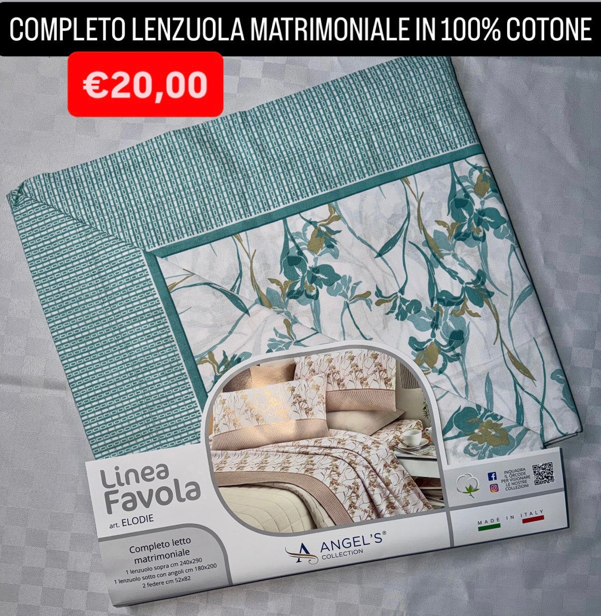 COMPLETO LENZUOLA MATRIMONIALE IN 100% COTONE , contiene Lenzuolo sopra, Lenzuolo sotto con angoli e due Federe