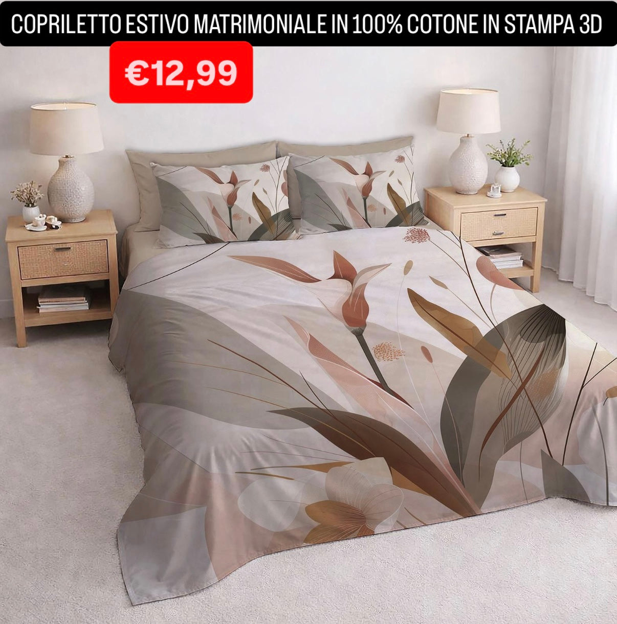 COPRILETTO ESTIVO MATRIMONIALE IN 100% COTONE CON STAMPA 3D misura 260x260cm