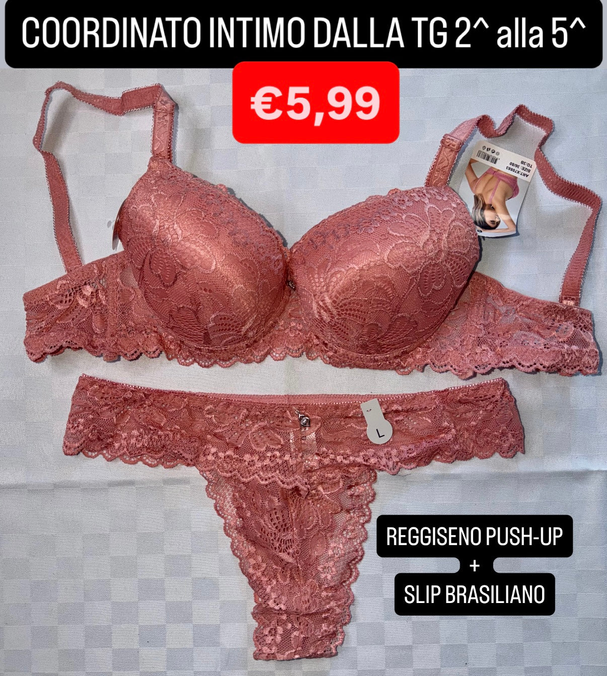 COORDINATO INTIMO con pizzo Reggiseno push-up e Slip brasiliano