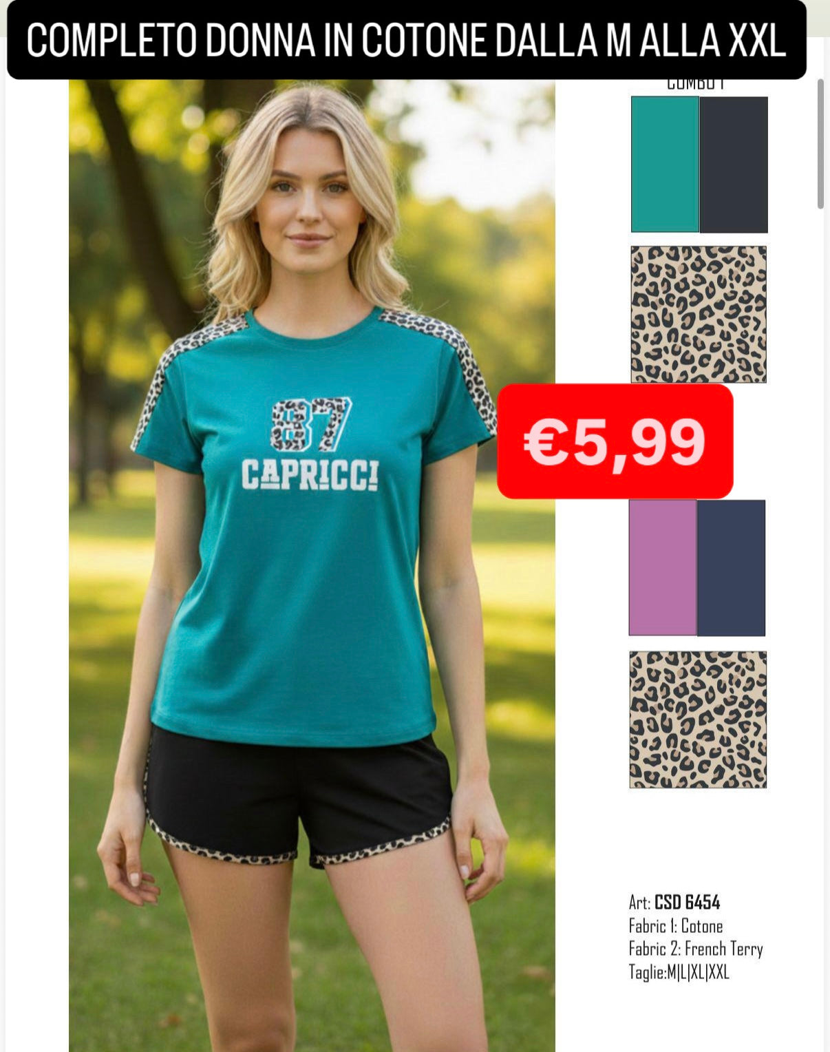 COMPLETO DONNA Mezza Manica e Pantaloncino in cotone