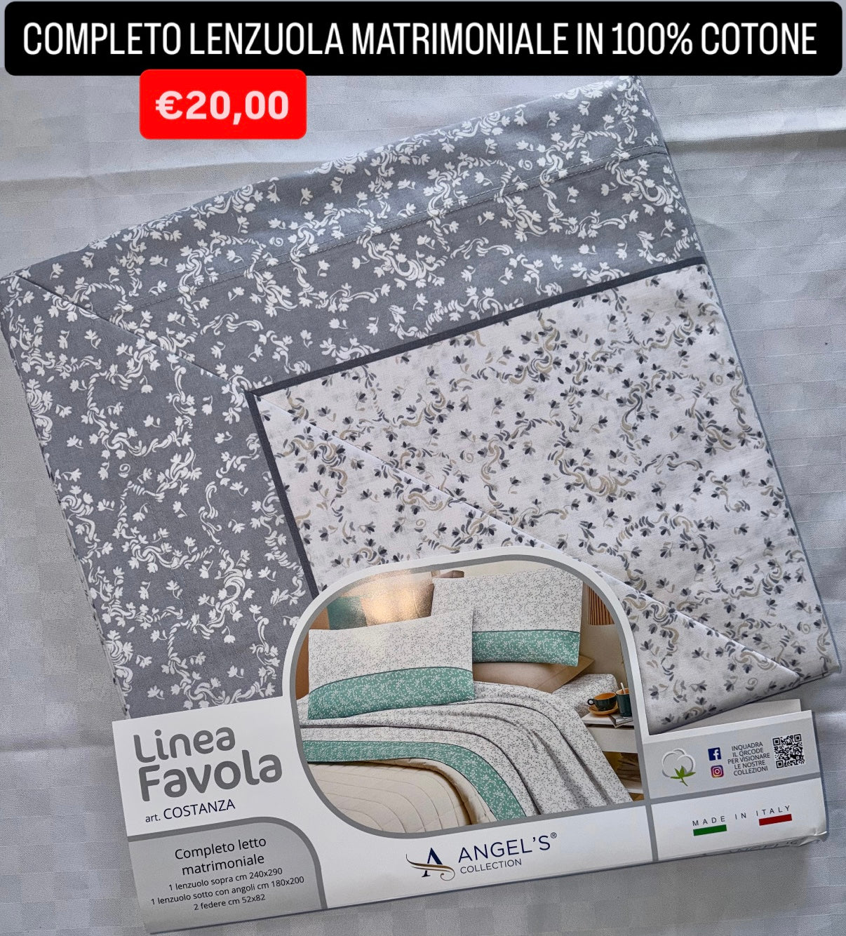 COMPLETO LENZUOLA MATRIMONIALE IN 100% COTONE , contiene Lenzuolo sopra, Lenzuolo sotto con angoli e due Federe