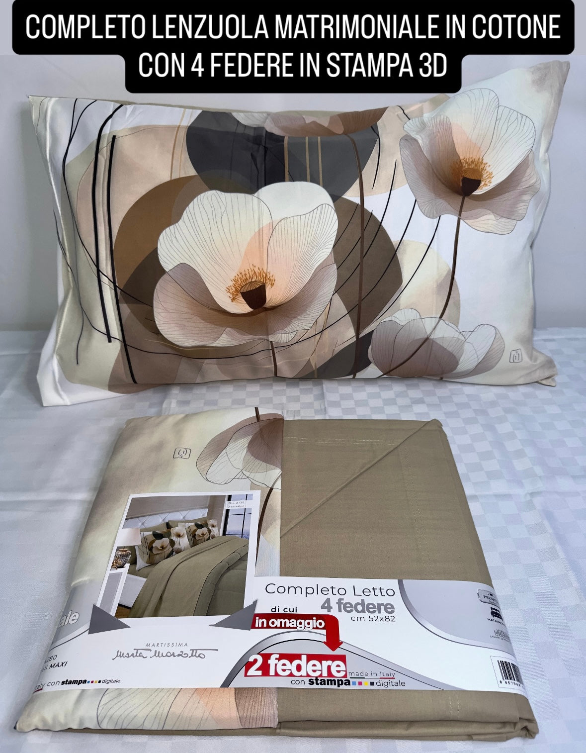 COMPLETO LENZUOLA MATRIMONIALE IN COTONE, LENZUOLO SOPRA, LENZUOLO SOTTO E 4 FEDERE IN STAMPA 3D.