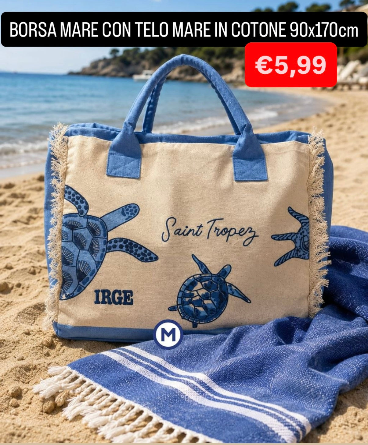 BORSA MARE CON TELO MARE IN COTONE misura 90x170cm