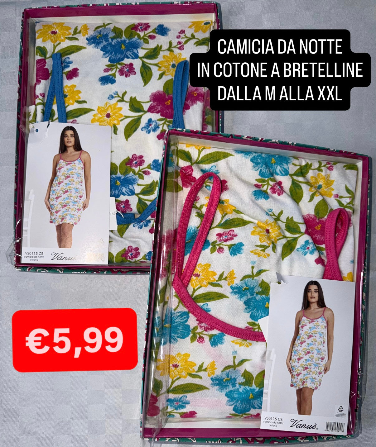 CAMICIA DA NOTTE A BRETELLINE in 100% cotone