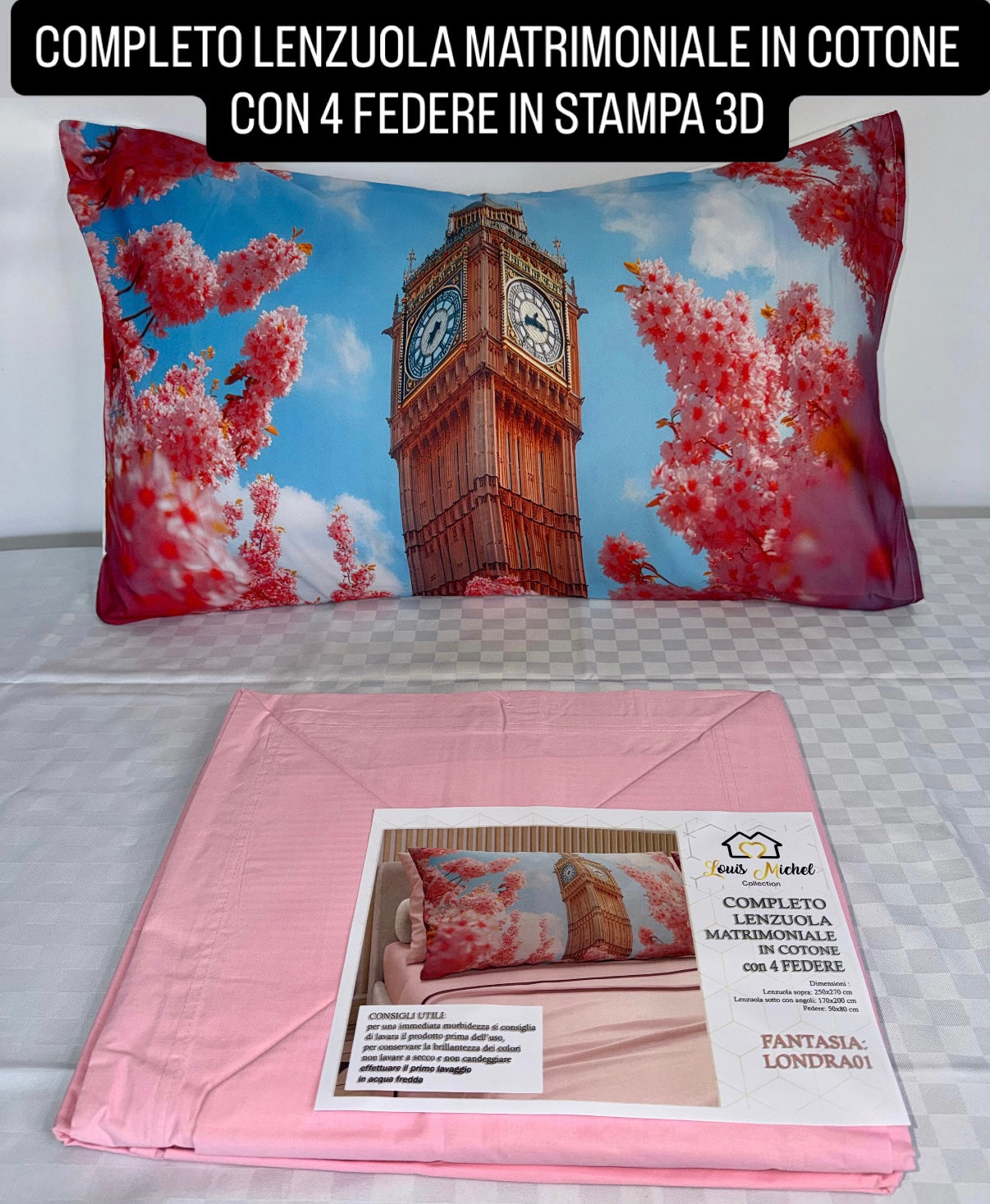 COMPLETO LENZUOLA MATRIMONIALE IN COTONE contiene LENZUOLO SOPRA, LENZUOLO SOTTO E 4 FEDERE IN STAMPA 3D