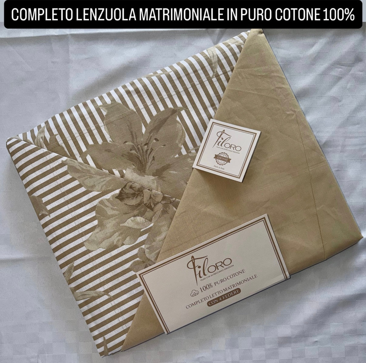 COMPLETO LENZUOLA MATRIMONIALE IN 100% PURO COTONE CON 4 FEDERE , contiene Lenzuolo sopra, Lenzuolo sotto con angoli e quattro Federe