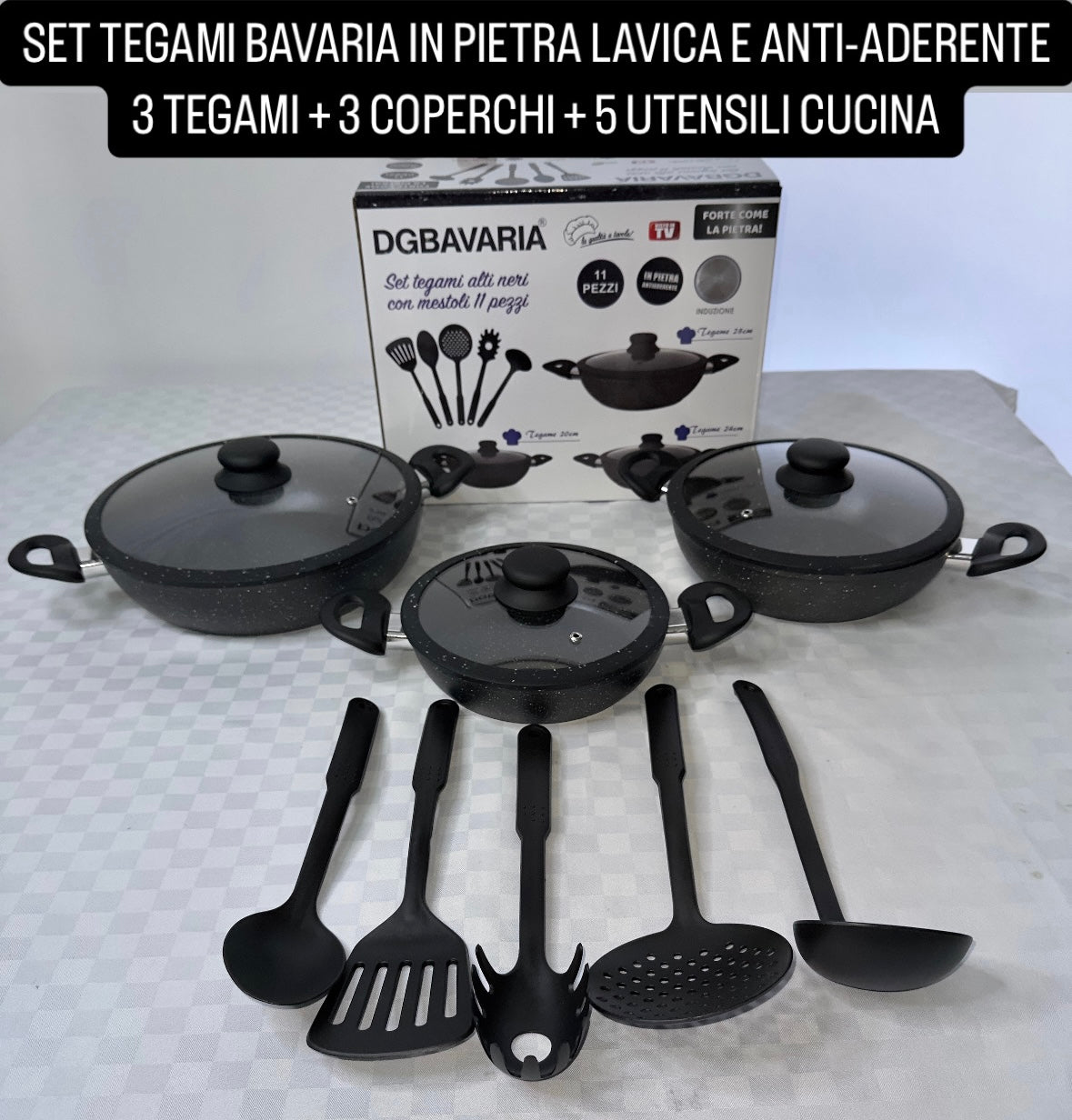 SET TEGAMI BAVARIA IN PIETRA LAVICA E ANTI-ADERENTE 3 TEGAMI , 3 COPERCHI e 5 UTENSILI CUCINA