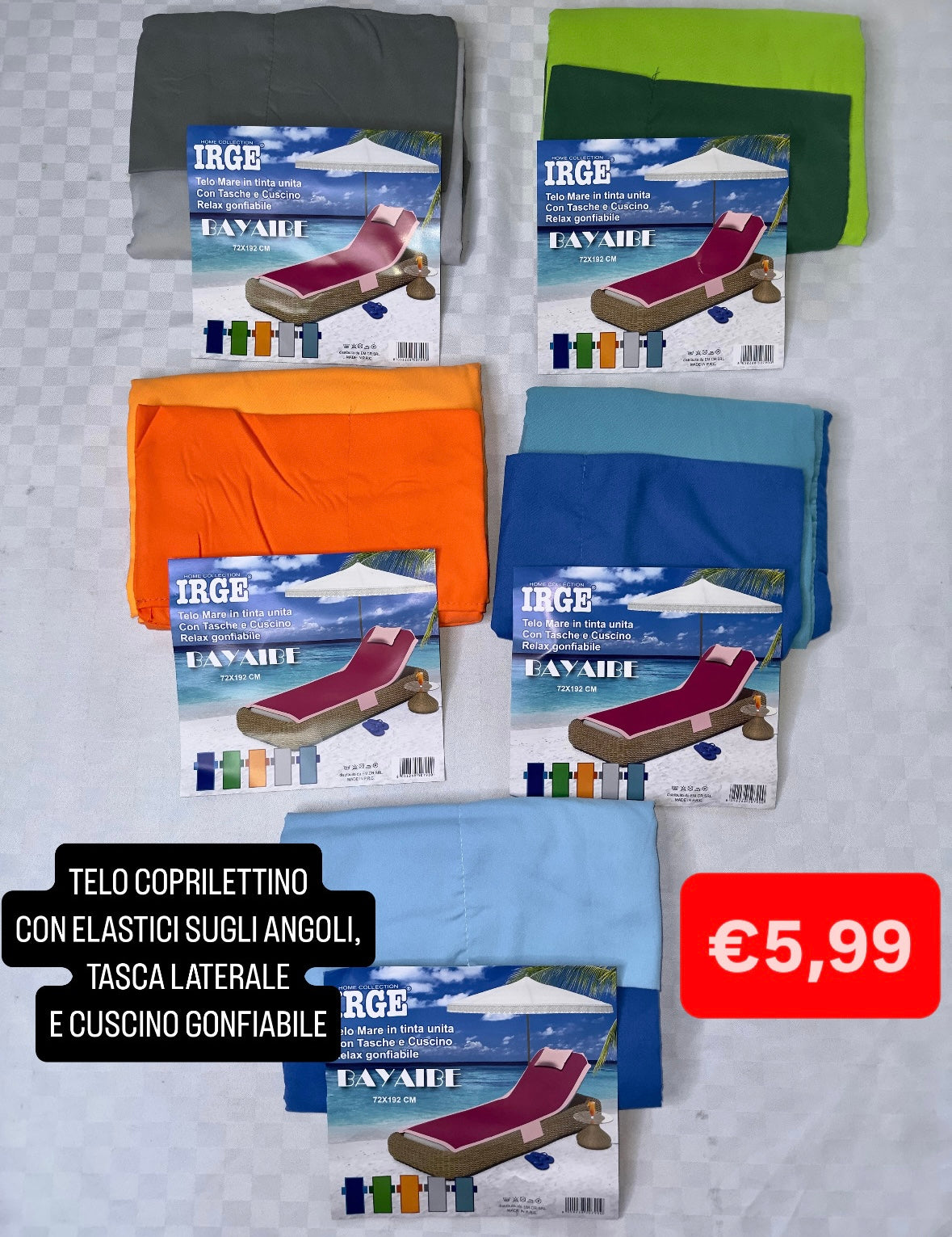 TELO COPRILETTINO MARE CON ELASTICO SUGLI ANGOLI, TASCA LATERALE E CUSCINO GONFIABILE IN MICROFIBRA 70x190cm