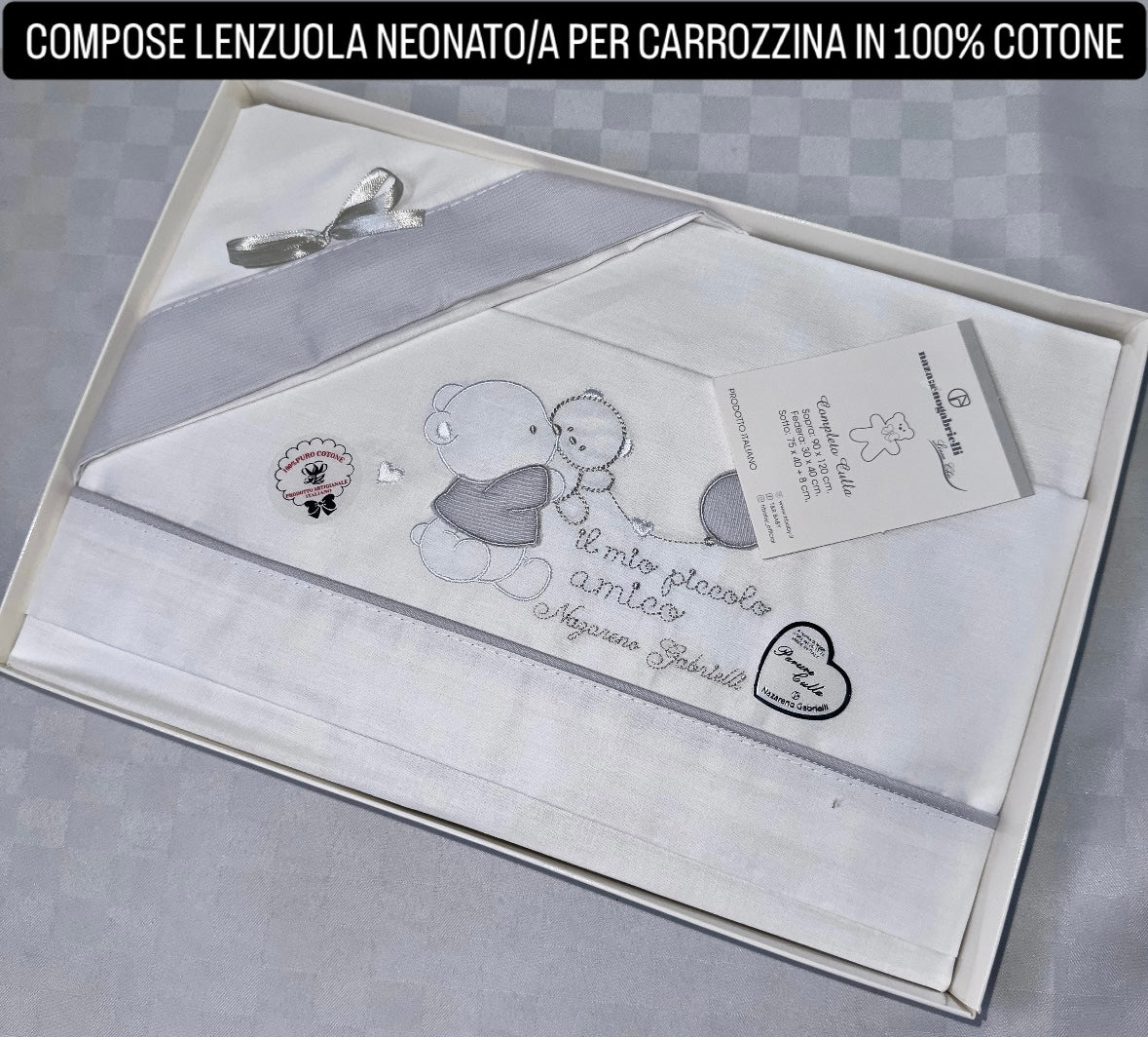 COMPOSE LENZUOLA NEONATO PER CARROZZINA IN 100% COTONE Lenzuolo sopra 90x120cm , Lenzuolo sotto con angoli 75x40cm e Federa 30x40cm
