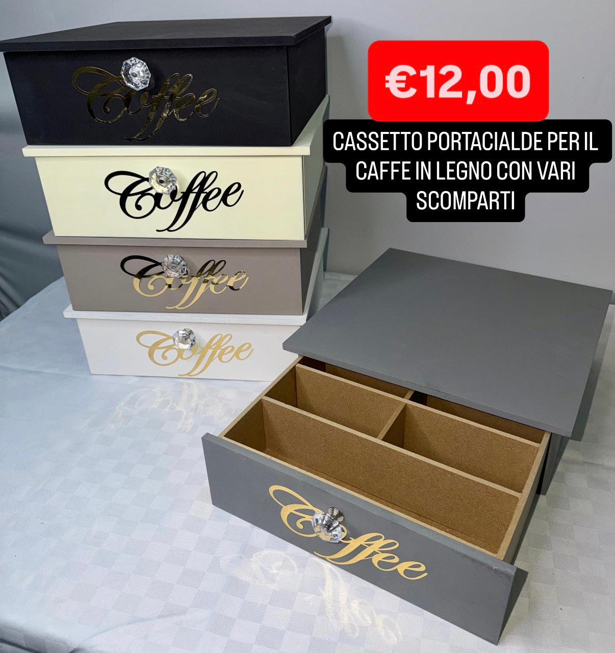 CASSETTO PORTACIALDE IN LEGNO CON VARI SCOMPARTI
