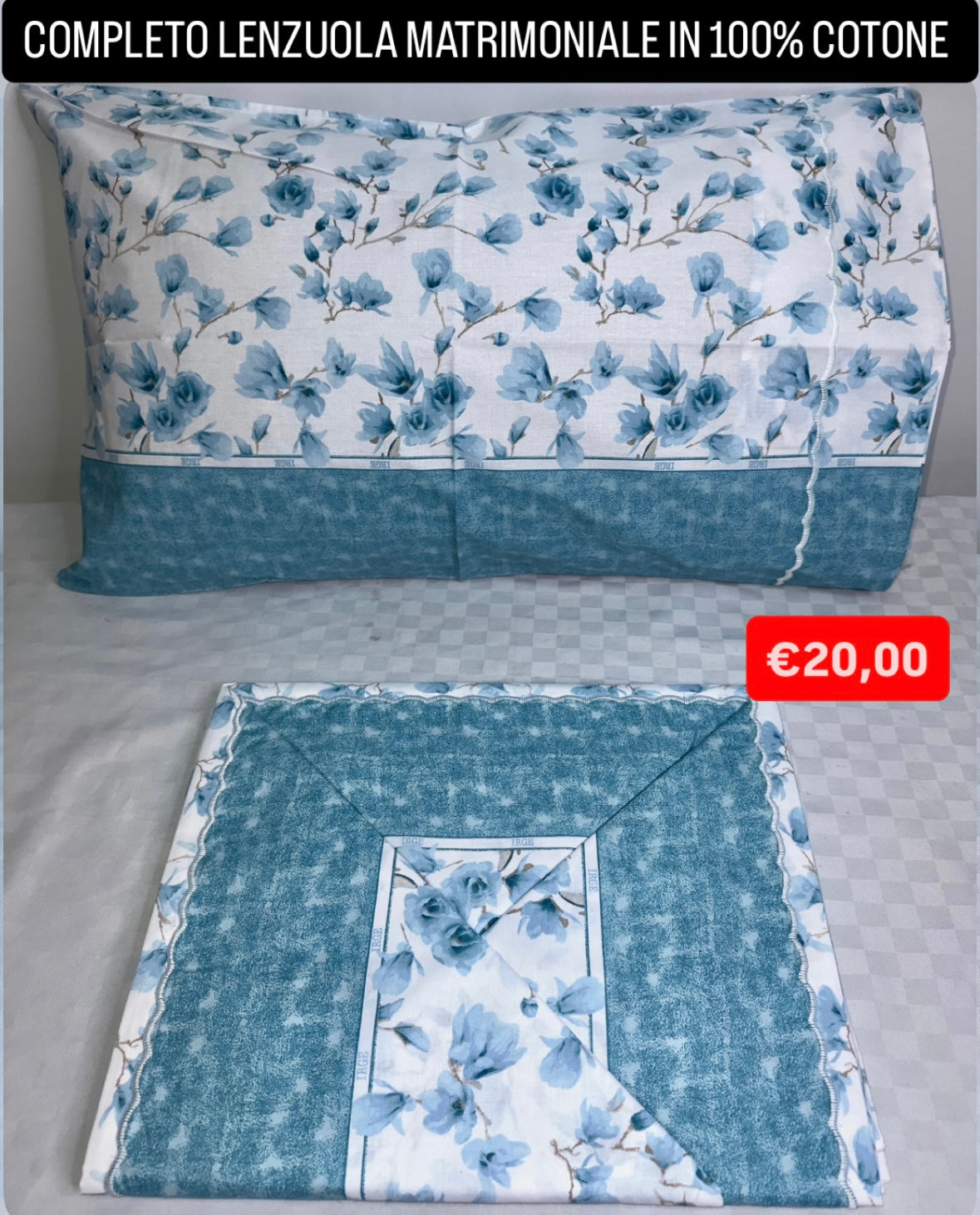 COMPLETO LENZUOLA MATRIMONIALE IN 100% COTONE Lenzuolo sopra, Lenzuolo sotto con angoli e due Federe