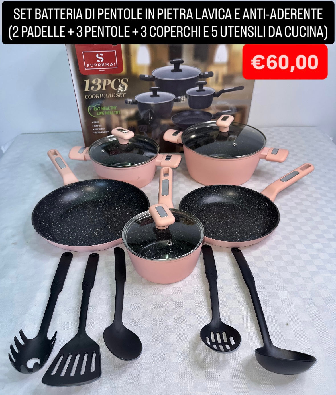 BATTERIA DI PENTOLE IN PIETRA LAVICA E ANTI-ADERENTE contiene 2 Padelle , 3 Pentole , 3 Coperchi e 5 Utensili da Cucina