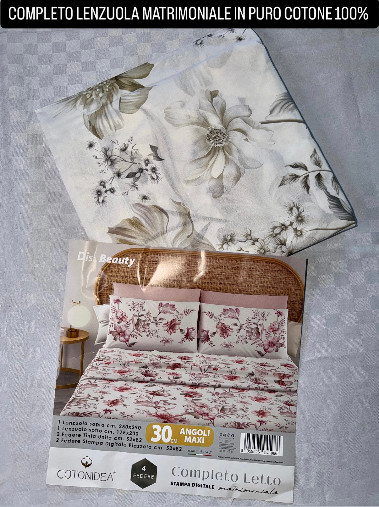 COMPLETO LENZUOLA MATRIMONIALE IN 100% PURO COTONE , contiene Lenzuolo sopra, Lenzuolo sotto con angoli e due Federe (CON ANGOLI MAXI DI 30CM)