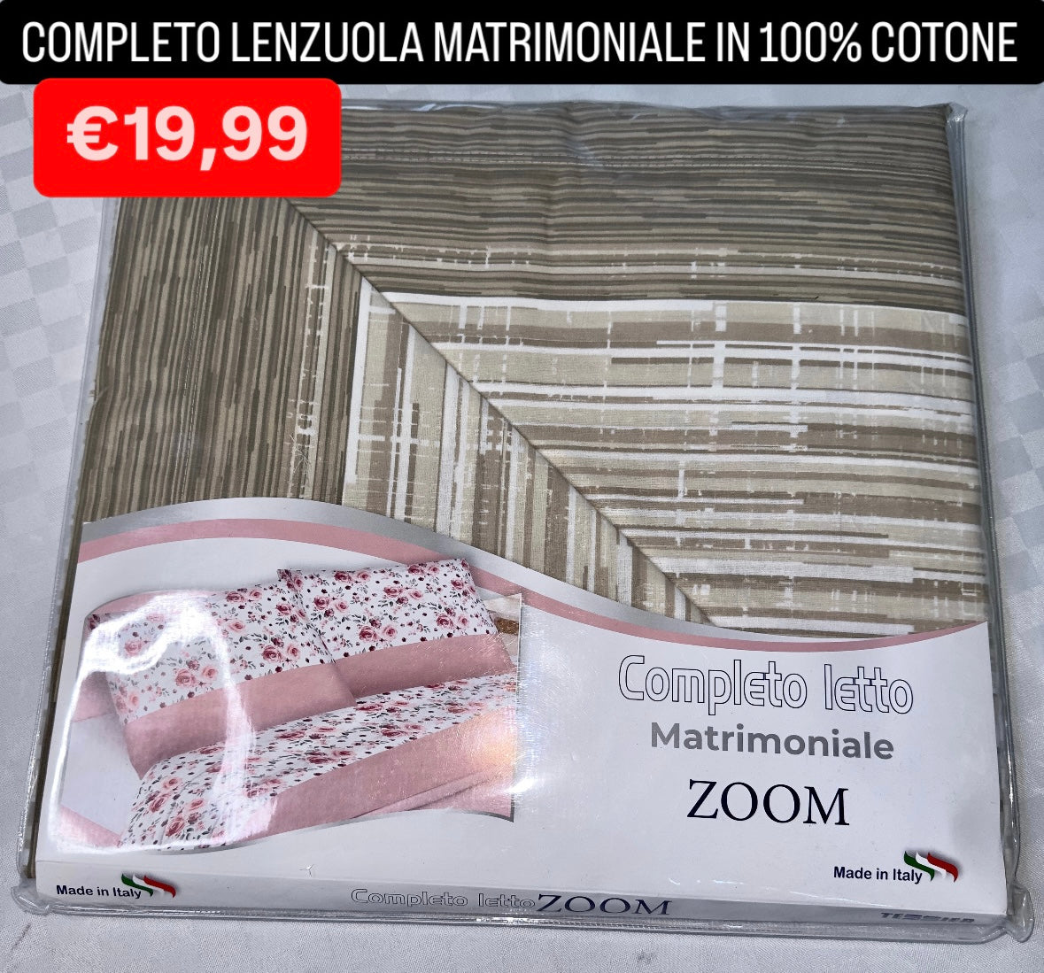 COMPLETO LENZUOLA MATRIMONIALE IN 100% COTONE Lenzuolo sopra, Lenzuolo sotto con angoli e due Federe