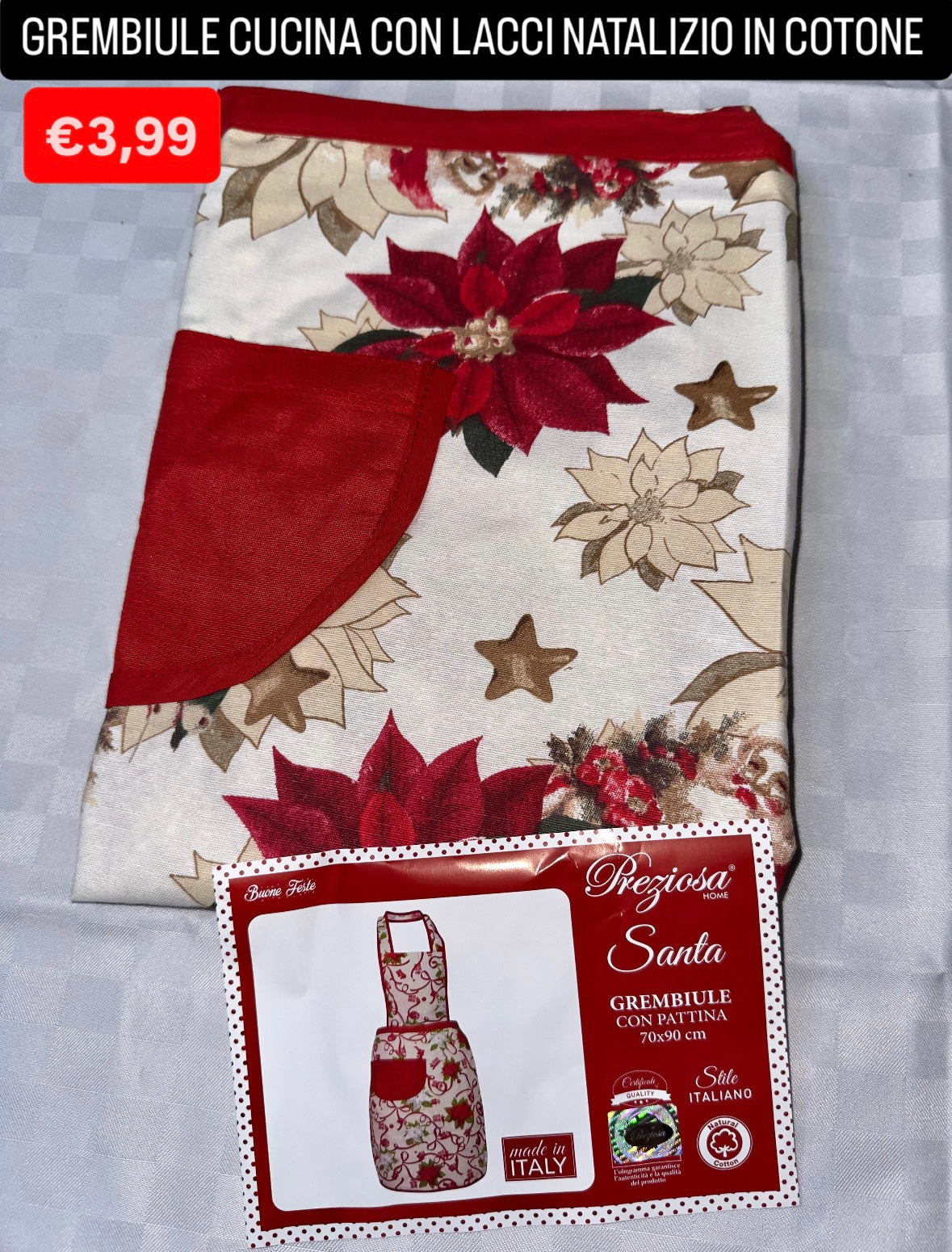 GREMBIULE CUCINA CON LACCI NATALIZIO IN COTONE