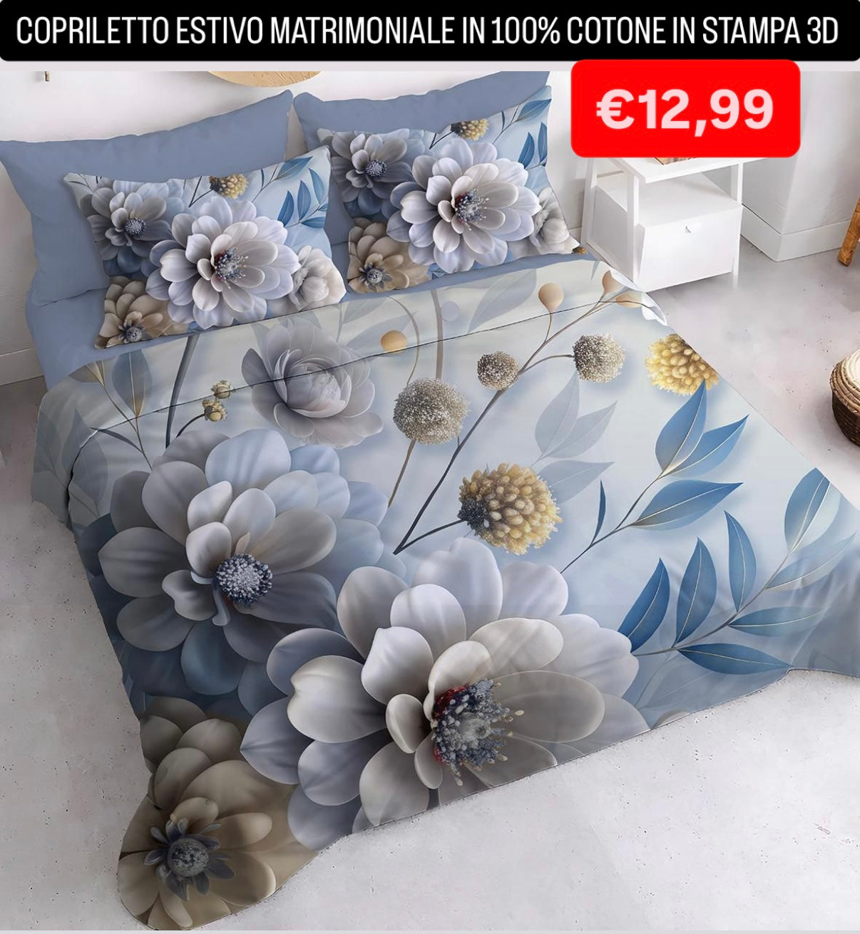 COPRILETTO ESTIVO MATRIMONIALE IN 100% COTONE CON STAMPA 3D misura 260x260cm