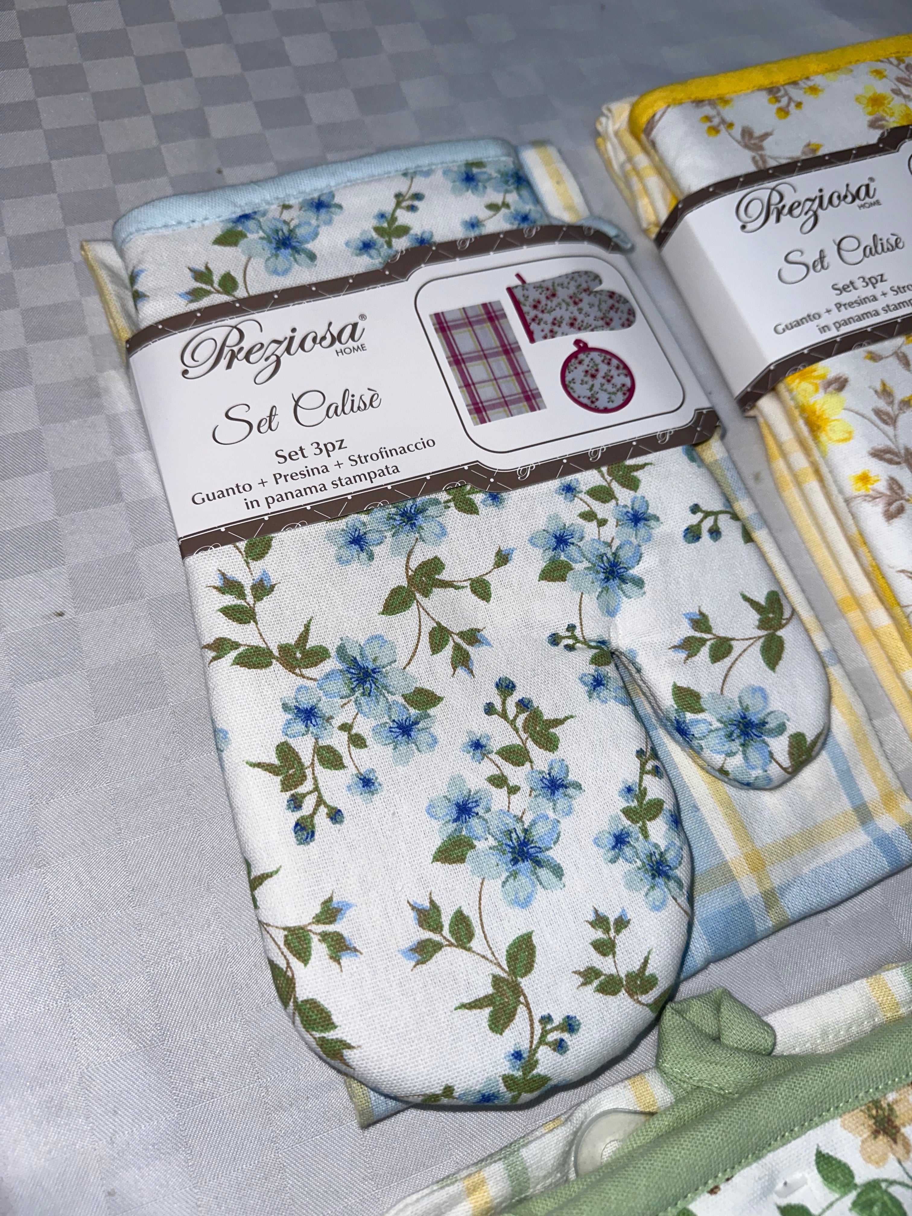 SET CUCINA GUANTONE,PRESINA E STROFINACCIO IN COTONE PREZIOSA